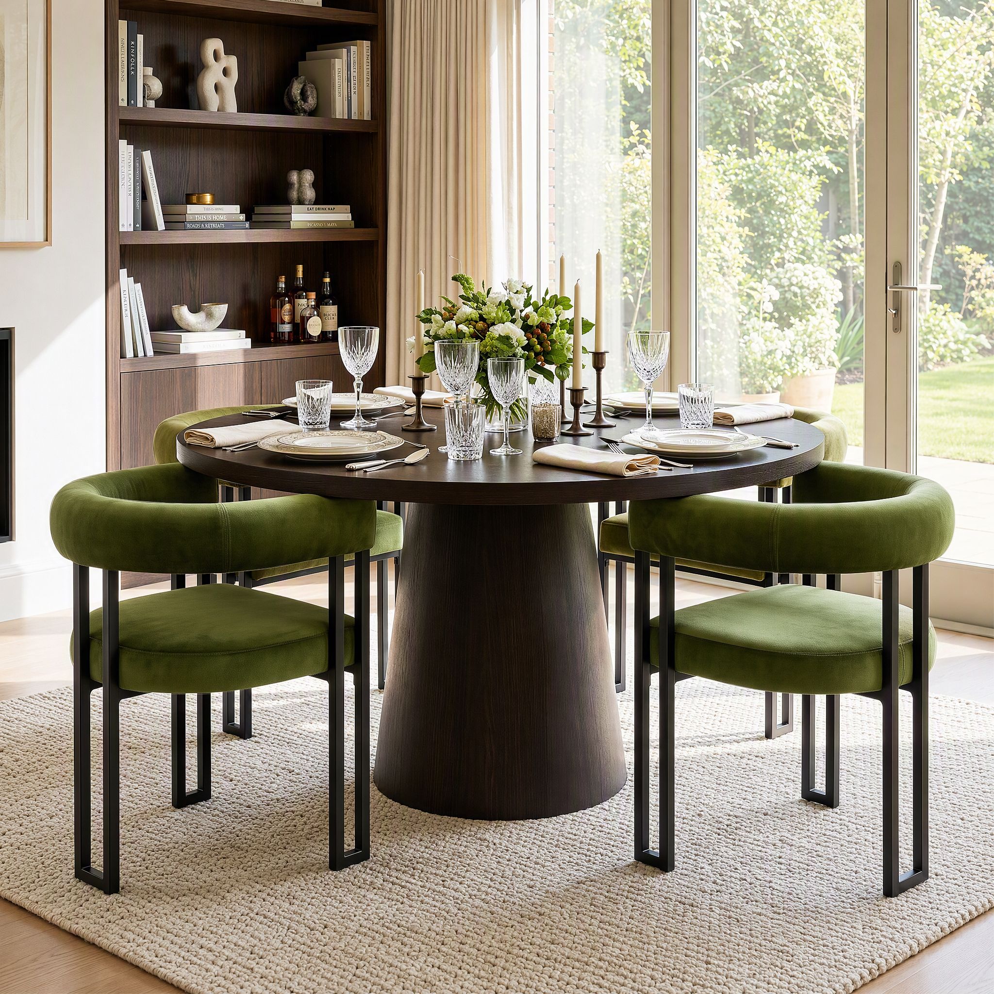 Dining Chairs Set of 4 Velvet Upholstered Barrel Chairs with Curved Armrests & Back Green
