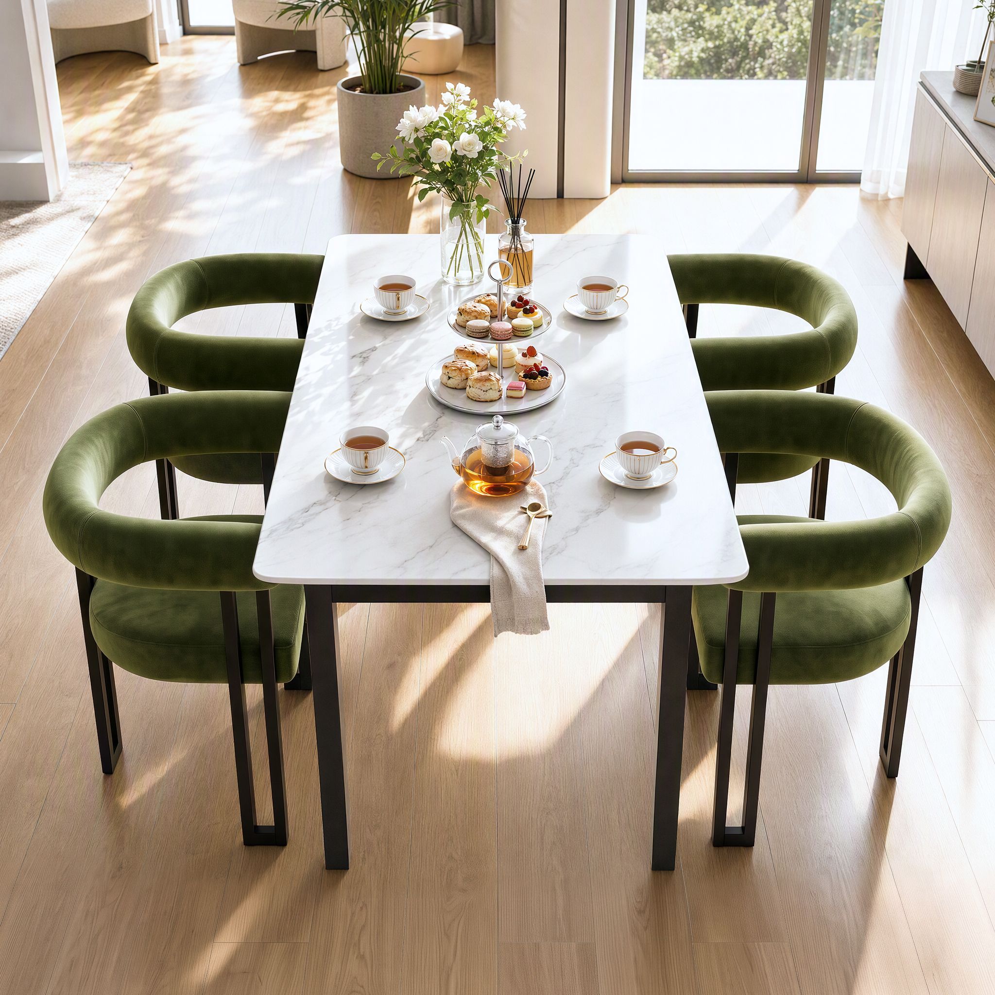 Dining Chairs Set of 4 Velvet Upholstered Barrel Chairs with Curved Armrests & Back Green
