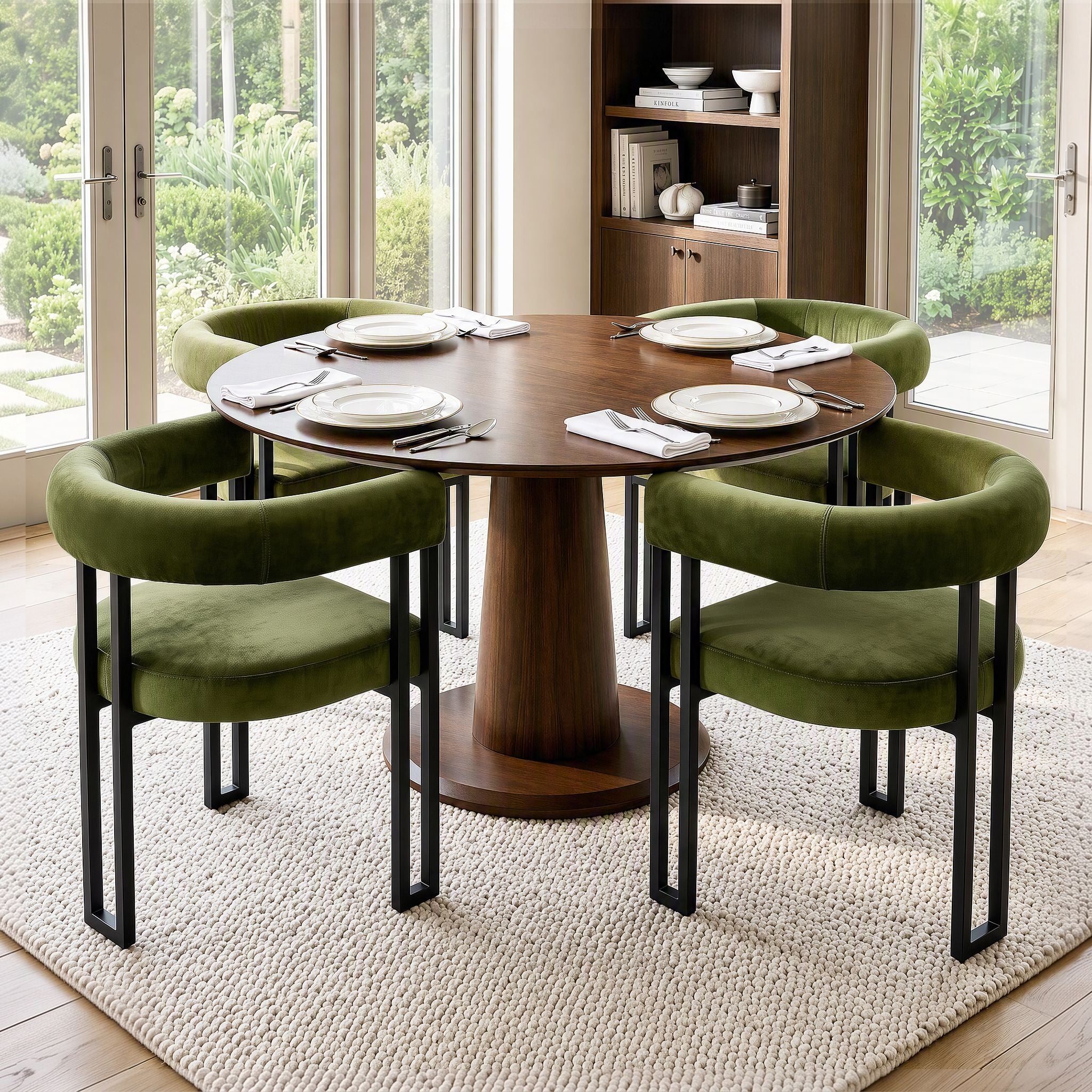 Dining Chairs Set of 4 Velvet Upholstered Barrel Chairs with Curved Armrests & Back Green