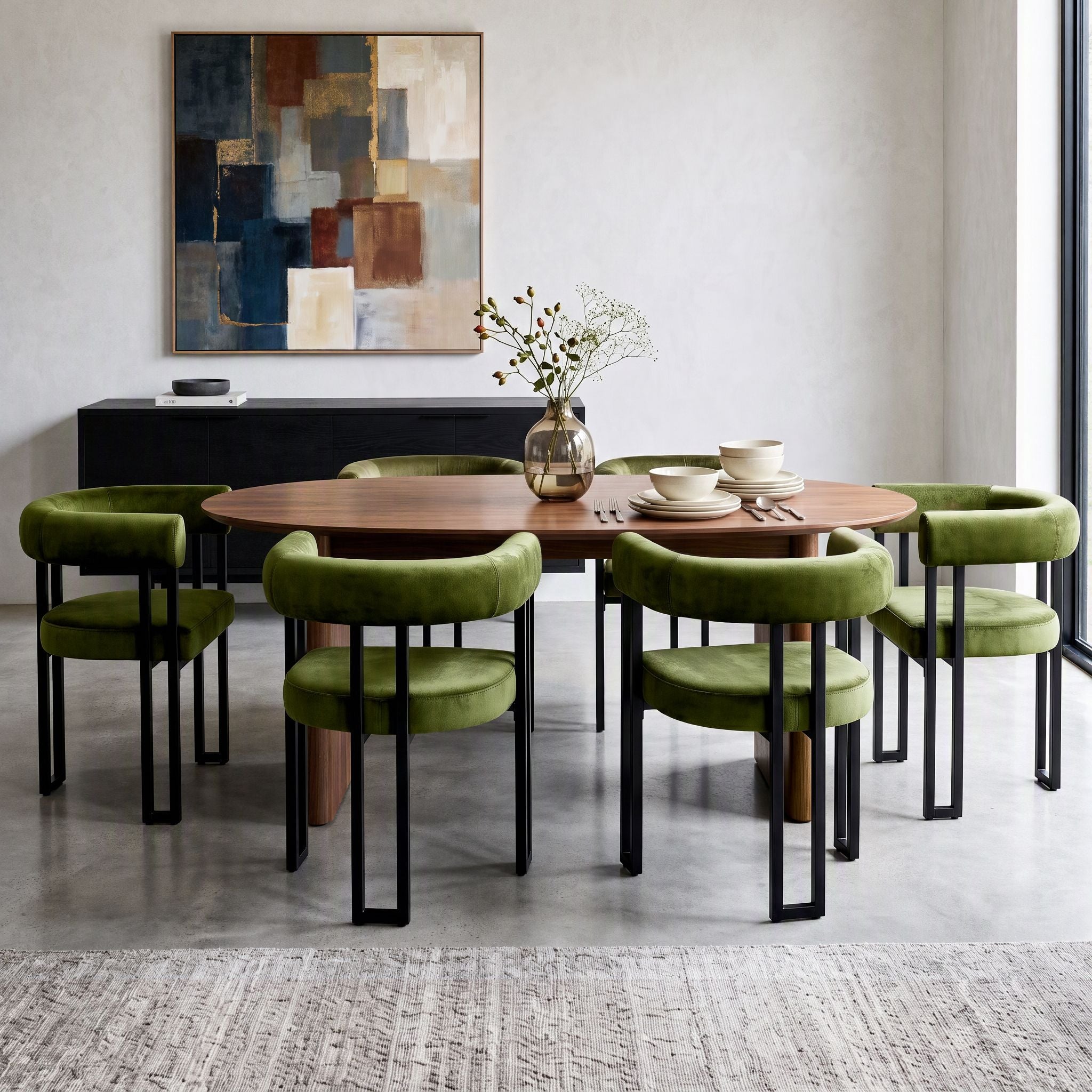 Dining Chairs Set of 6 Velvet Upholstered Barrel Chairs with Curved Armrests & Back Green