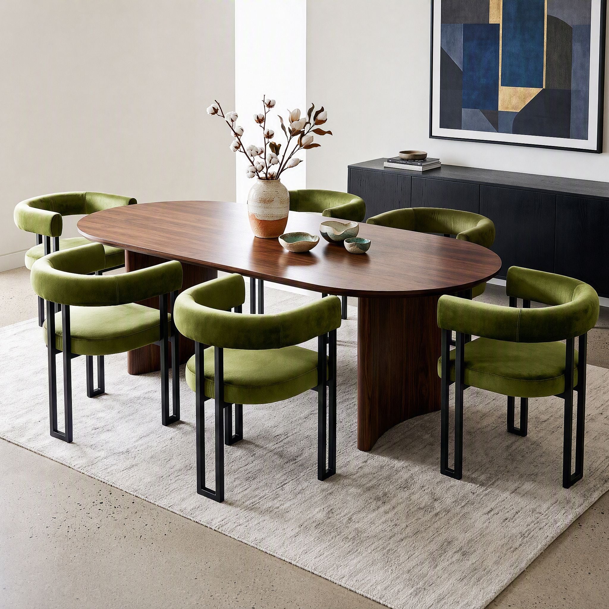 Dining Chairs Set of 6 Velvet Upholstered Barrel Chairs with Curved Armrests & Back Green
