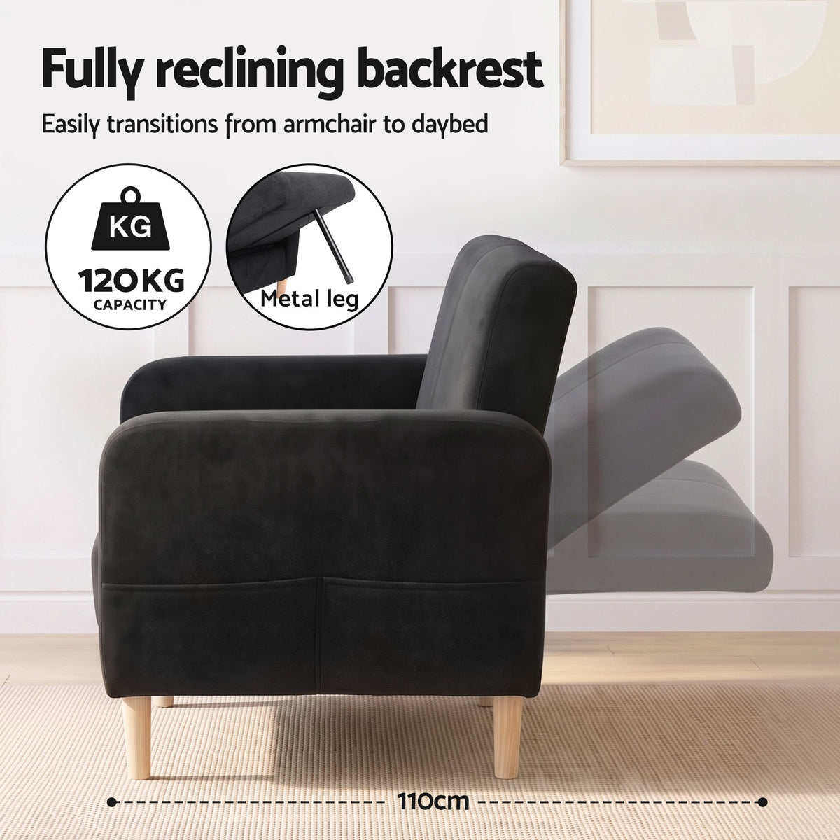 Reclining Velvet Armchair with Daybed Function and Side Pockets - Black