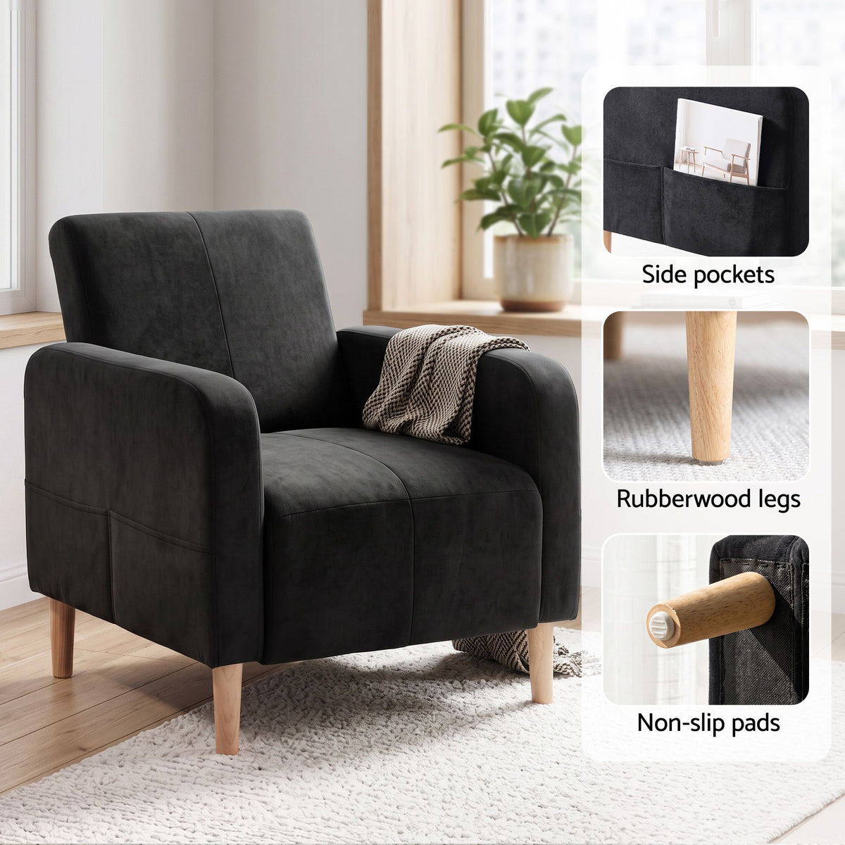 Reclining Velvet Armchair with Daybed Function and Side Pockets - Black
