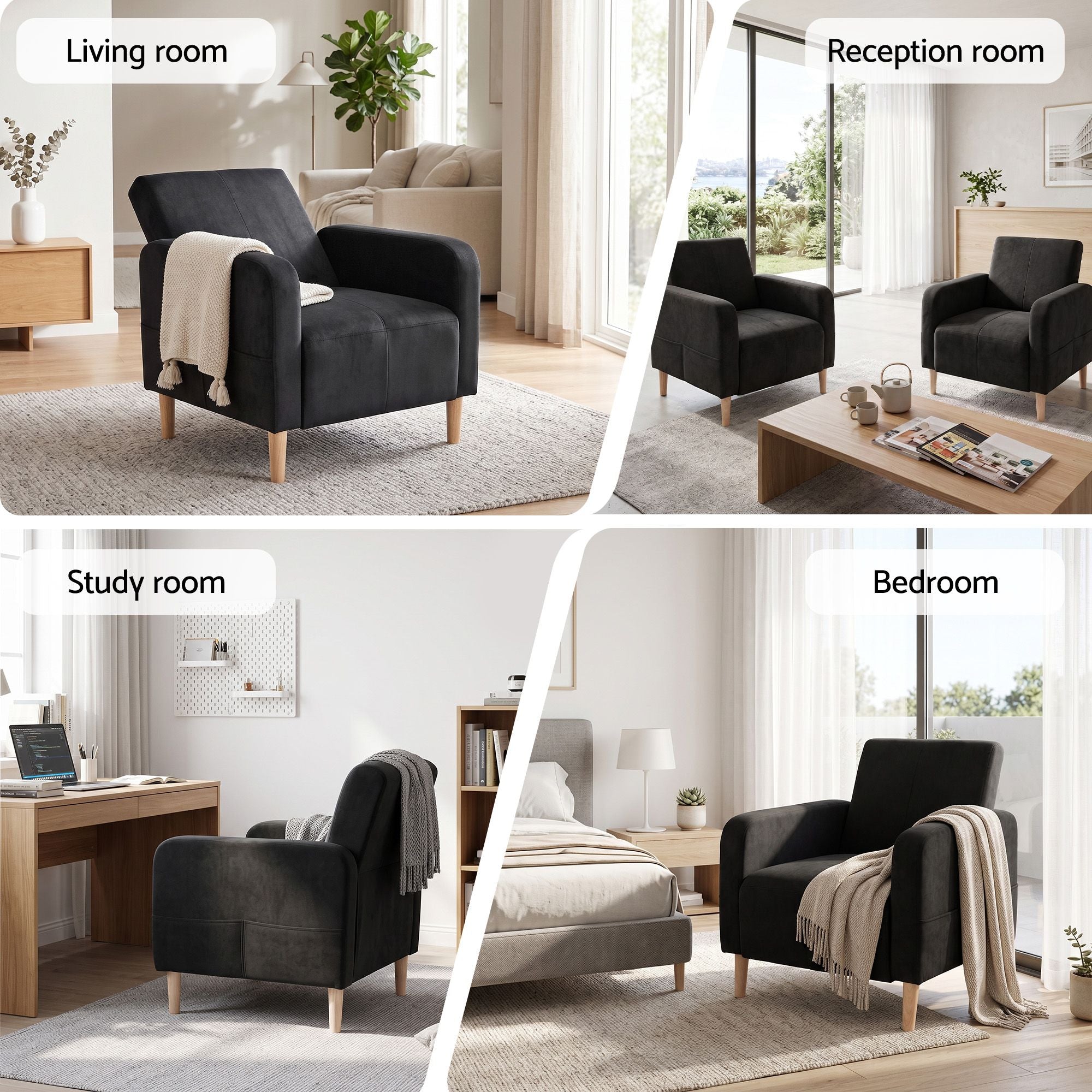 Reclining Velvet Armchair with Daybed Function and Side Pockets - Black
