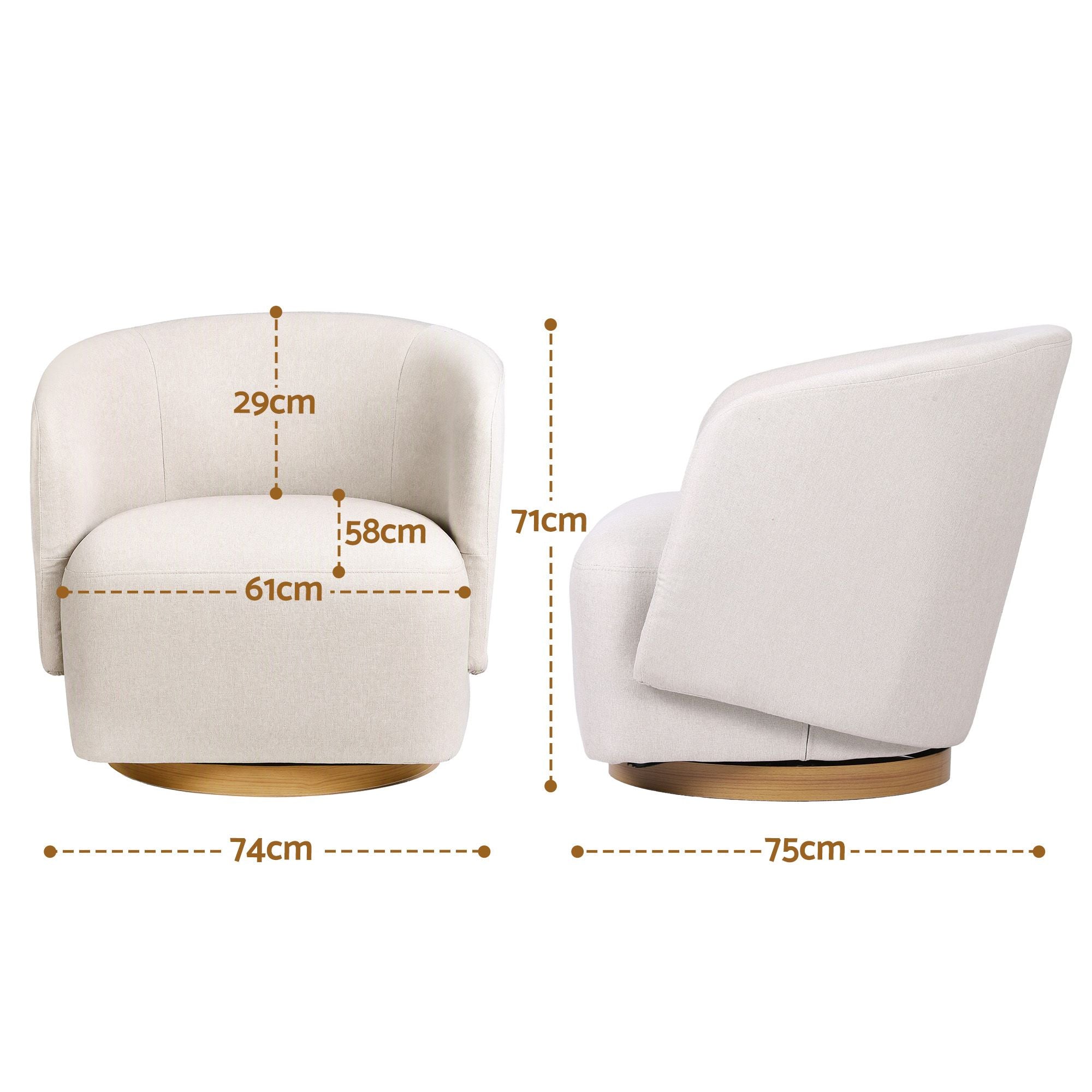 Swivel Armchair 360° Curved Accent Chair Linen Fabric - Beige