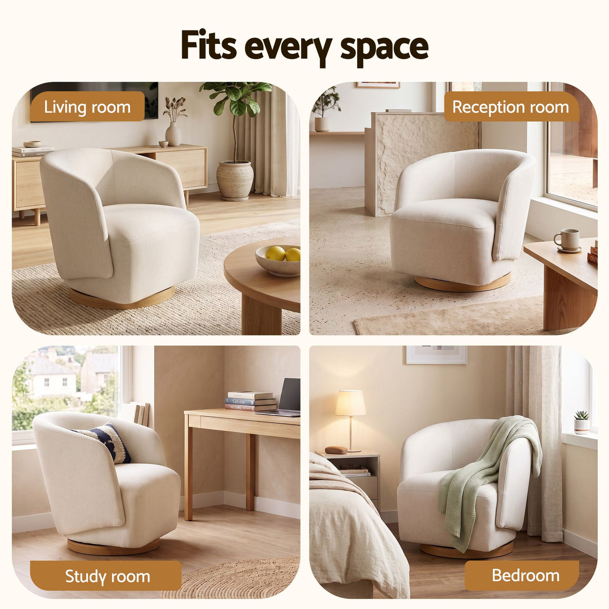 Swivel Armchair 360° Curved Accent Chair Linen Fabric - Beige