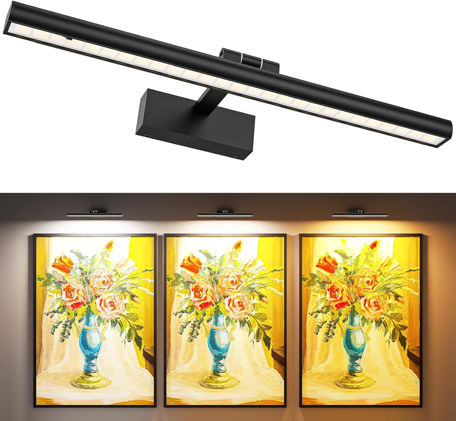 Wireless Rechargeable 16in Picture Light with Remote Dimmable Timer for Wall Art - Black
