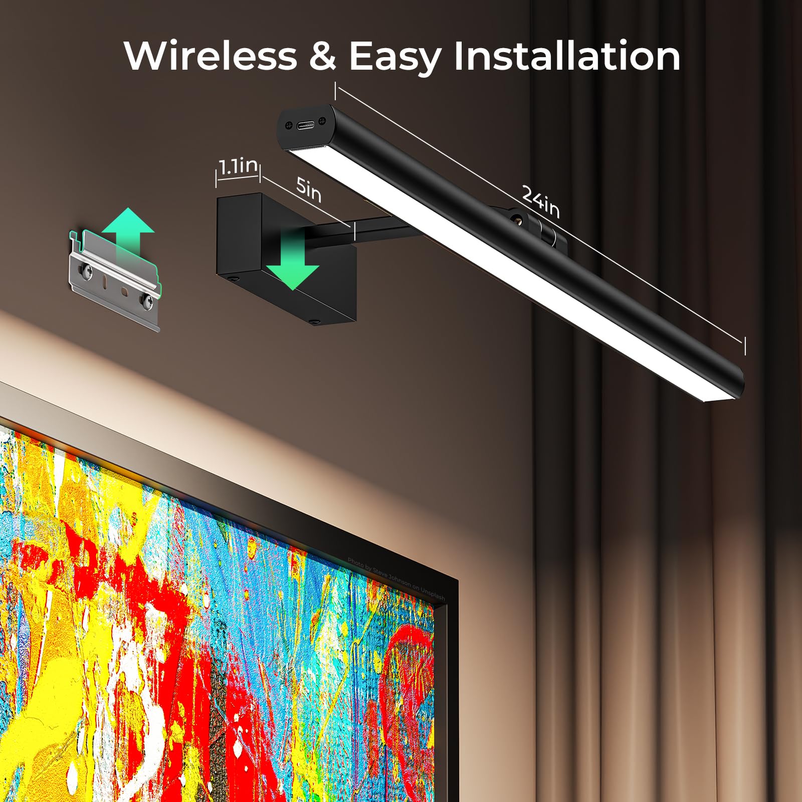 Wireless Rechargeable 16in Picture Light with Remote Dimmable Timer for Wall Art - Black