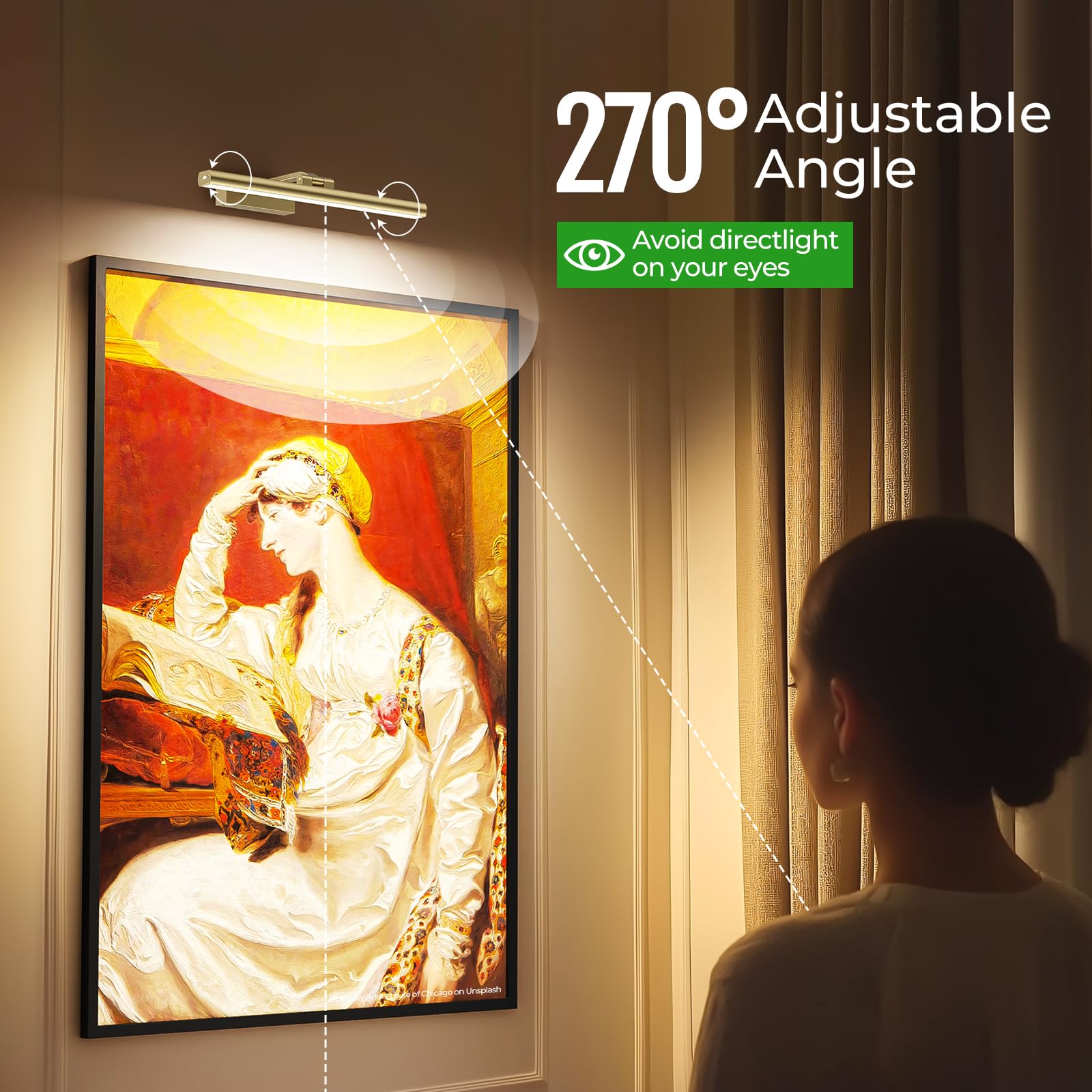 Wireless Rechargeable 16in Battery Operated Picture Light with Remote Dimmable Timer for Wall Art - Gold