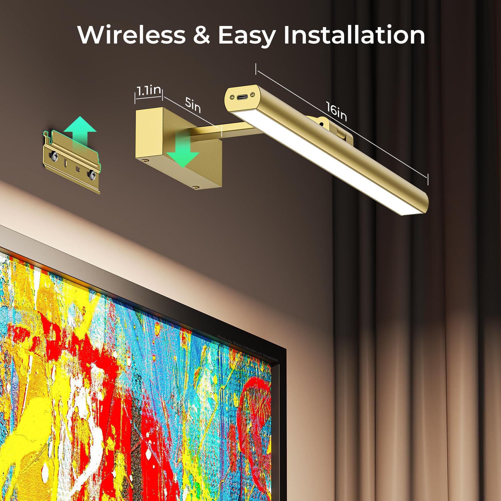 Wireless Rechargeable 16in Battery Operated Picture Light with Remote Dimmable Timer for Wall Art - Gold