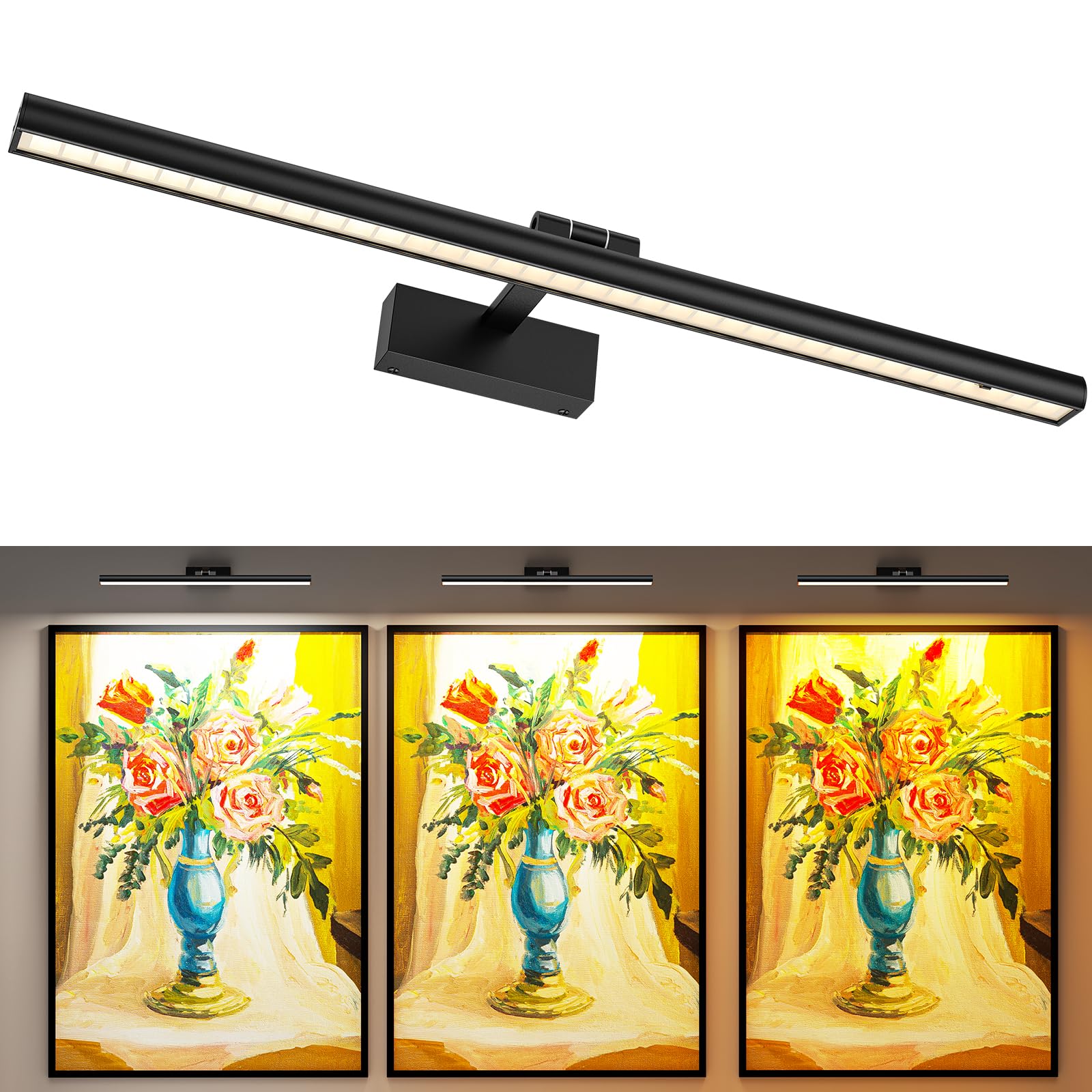 Wireless Rechargeable 24in Picture Light with Remote Dimmable Timer for Wall Art Display - Black