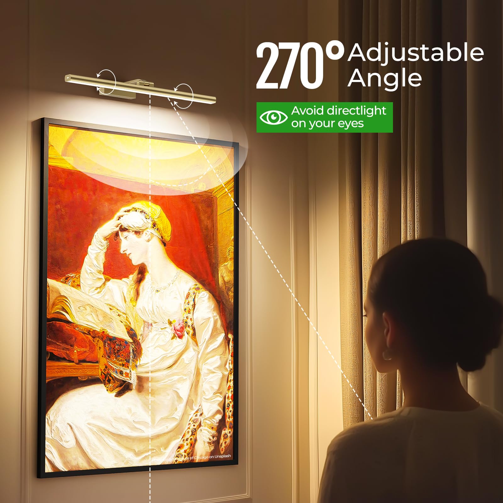 Wireless Rechargeable 24in Picture Light for Wall with Remote Dimmable Timer, Rotatable CCT Art Gallery Light - Gold