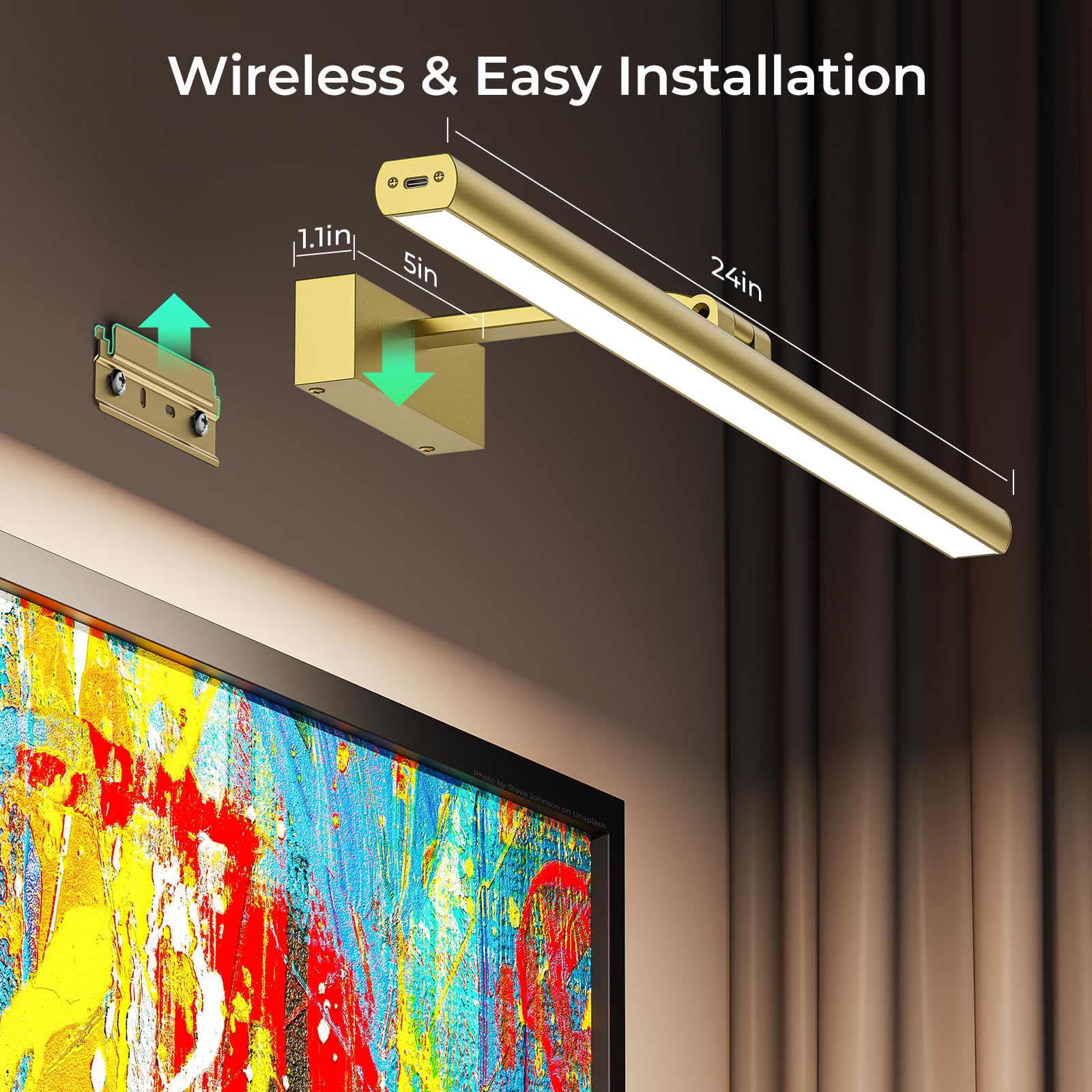 Wireless Rechargeable 24in Picture Light for Wall with Remote Dimmable Timer, Rotatable CCT Art Gallery Light - Gold