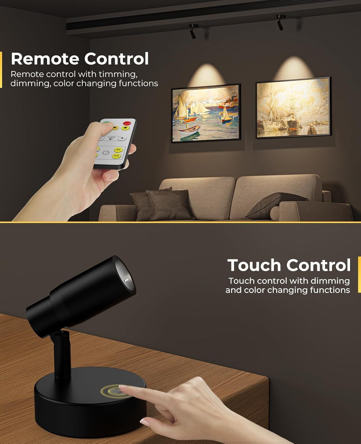 Rechargeable Zoomable Indoor Spot Lights with Remote, Dimmable CCT, Timer 2-Pack - Black