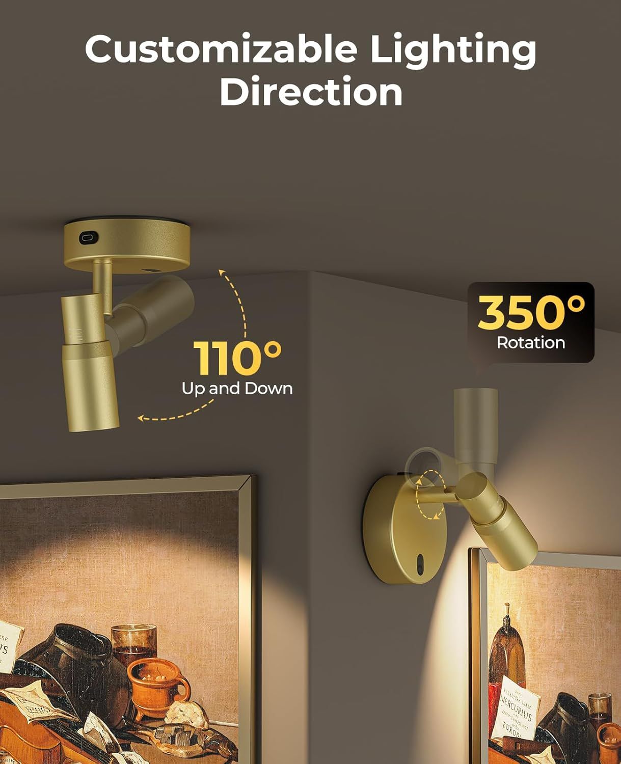 Rechargeable Indoor Dimmable CCT Spot Light with Remote and Timer, 6000mAh Battery - Gold