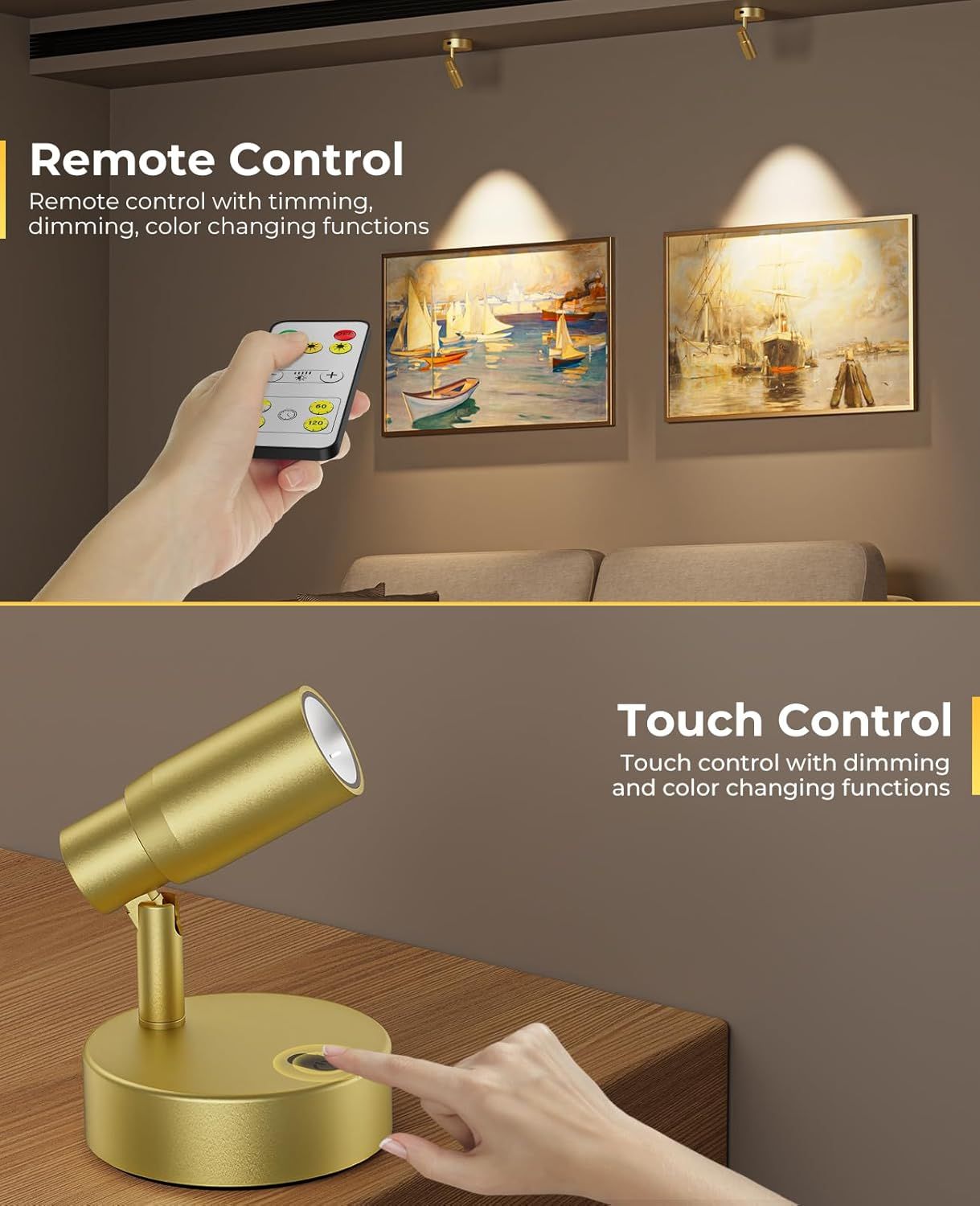 Rechargeable Indoor Spot Light with Remote, Dimmable CCT, Timer & 6000mAh Battery - Gold