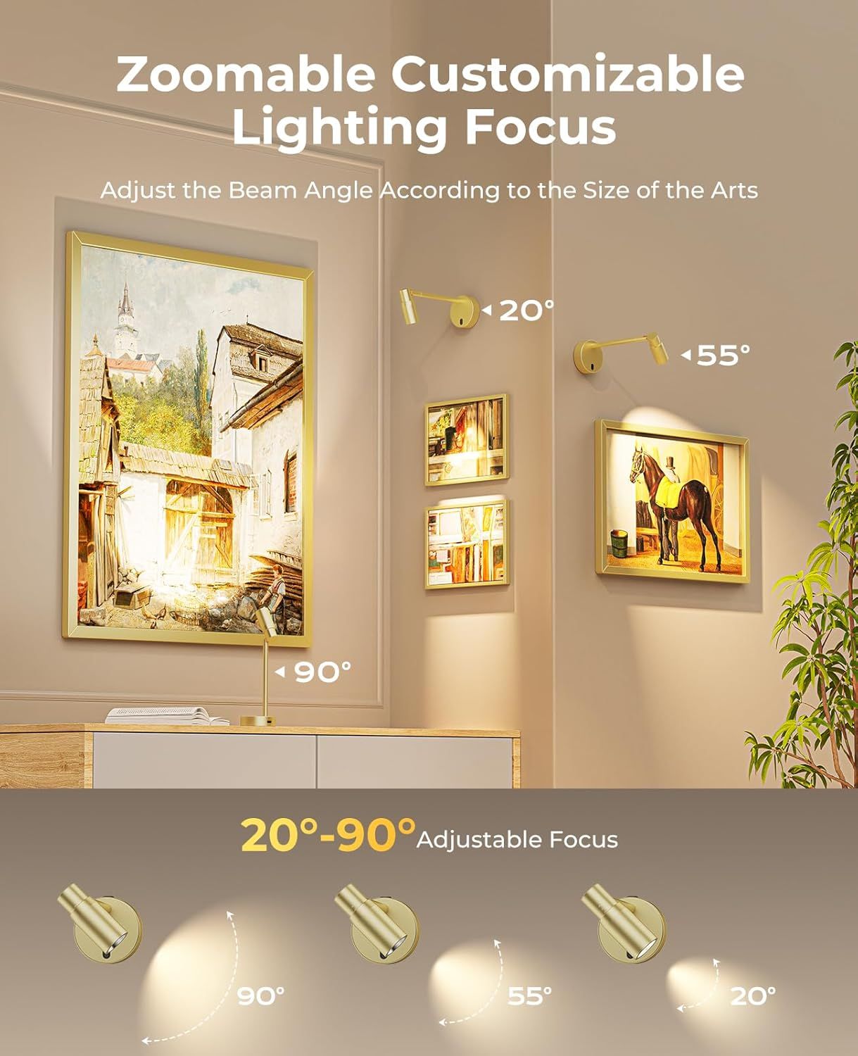 Zoomable Battery Operated Dimmable Picture Light with Remote - Gold