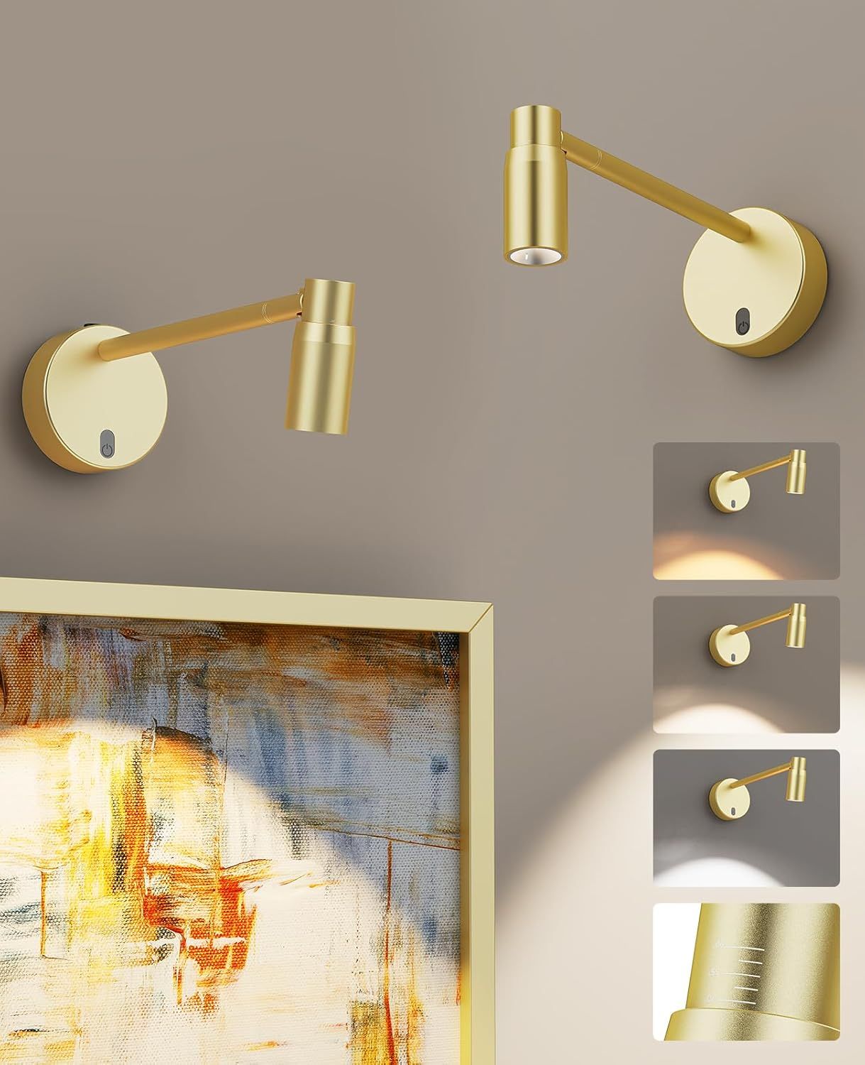 Dimmable Battery Operated Picture Light with Remote for Wall Art and Paintings - Gold