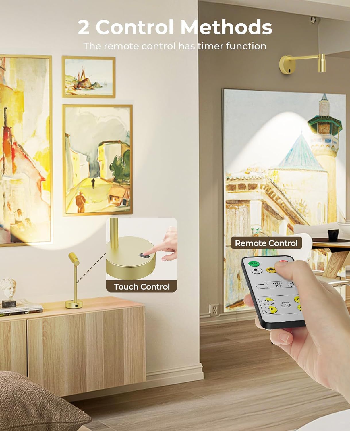 Dimmable Battery Operated Picture Light with Remote for Wall Art and Paintings - Gold