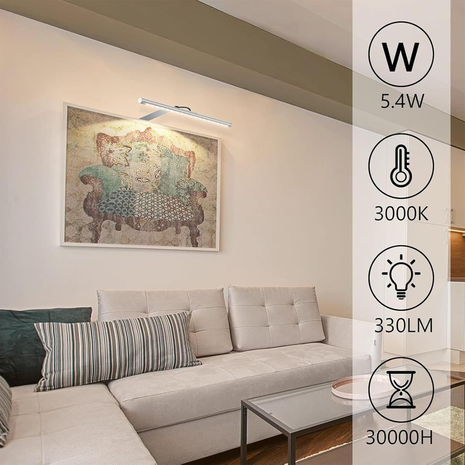 13.5in LED Picture Light for Wall Plug-In or Hardwired with Remote, 3000K Warm White Dimmable Timer - Silver
