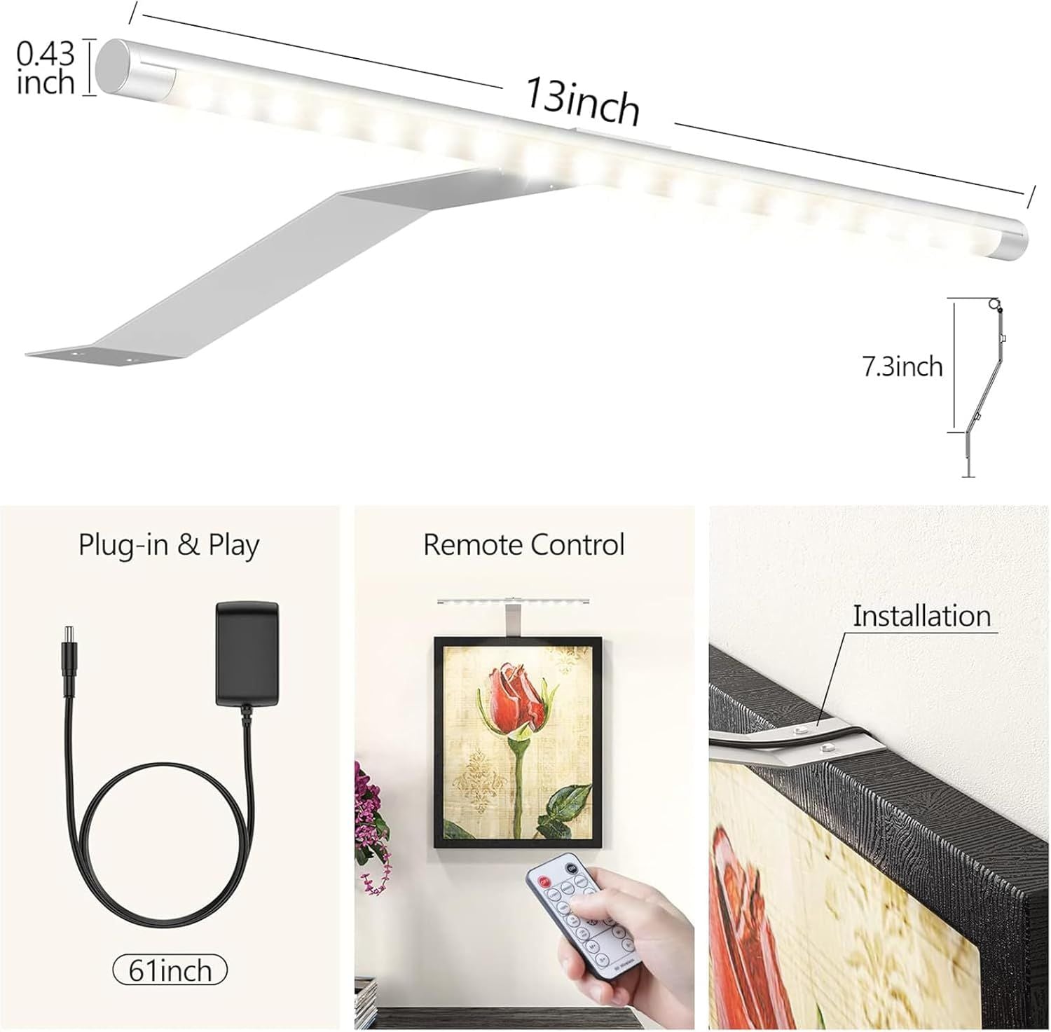 13.5in LED Picture Light for Wall Plug-In or Hardwired with Remote, 3000K Warm White Dimmable Timer - Silver