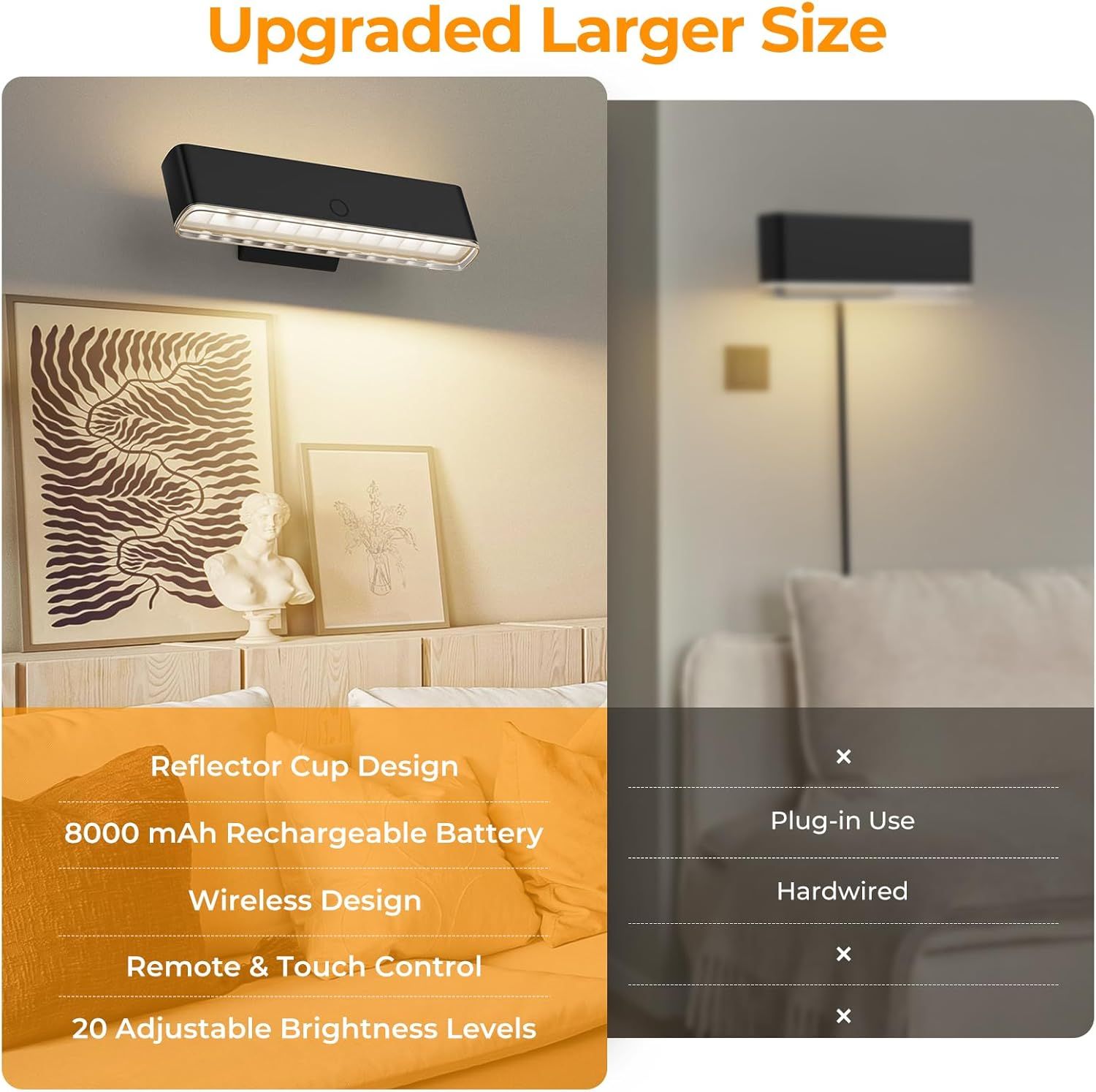 Battery Operated Wireless Wall Sconce Set of 2 with Remote & Touch Control, 3 Color Temperatures, 360° Rotatable LED Wall Lights - Black
