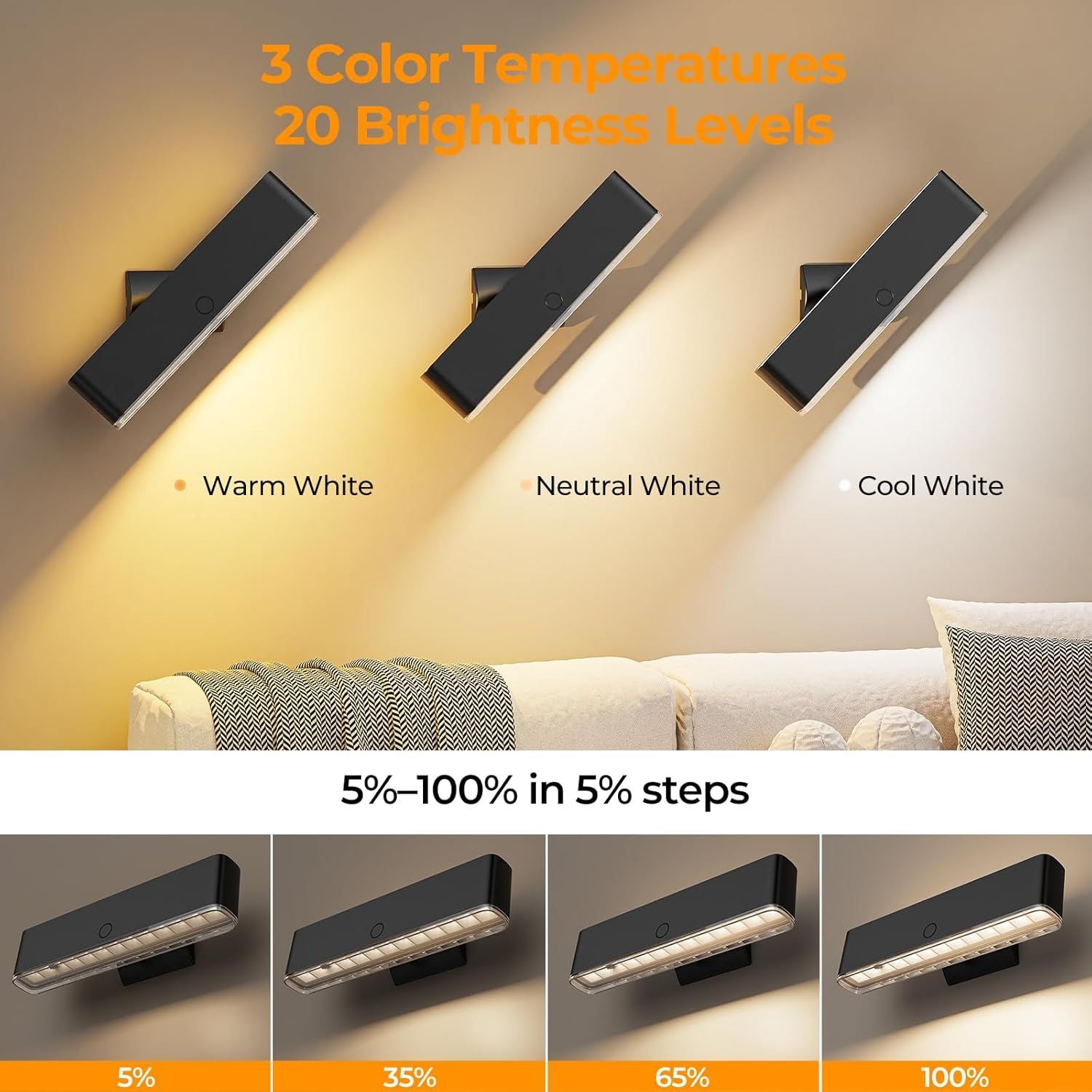 Battery Operated Wireless Wall Sconce Set of 2 with Remote & Touch Control, 3 Color Temperatures, 360° Rotatable LED Wall Lights - Black