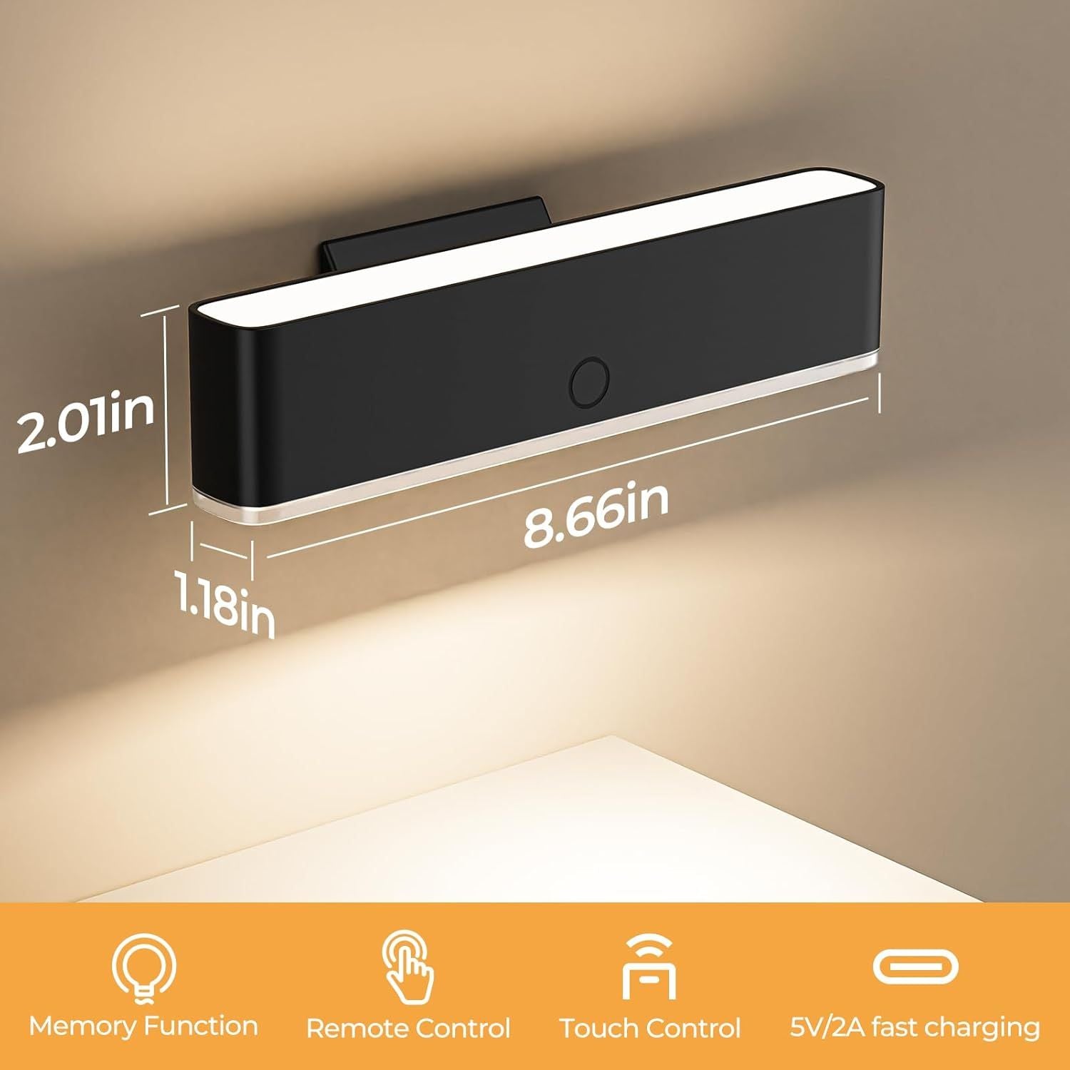 Battery Operated Wireless Wall Sconce Set of 2 with Remote & Touch Control, 3 Color Temperatures, 360° Rotatable LED Wall Lights - Black