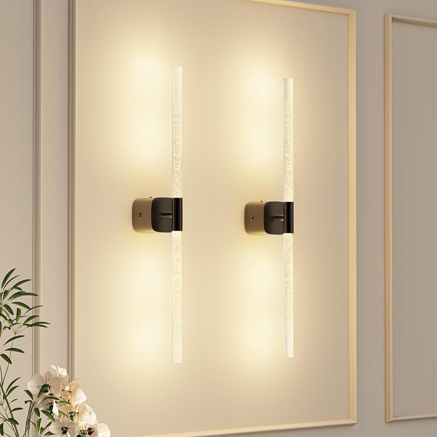 Rechargeable Battery Operated Wall Sconce Set of 2 with Remote and Touch, 23.62 Inch 360° Rotatable Wireless Wall Lights for Bedroom Living Room - Black