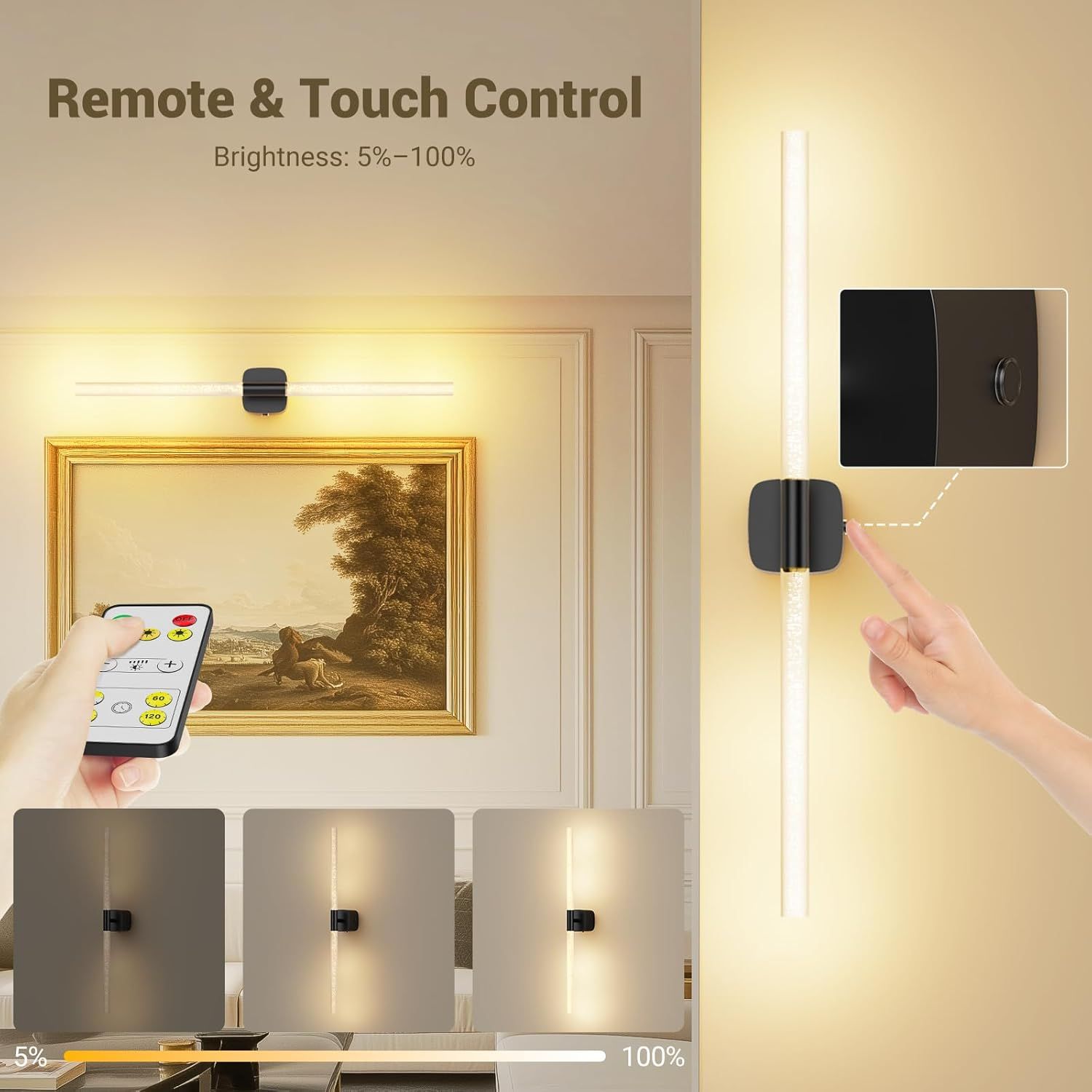 Rechargeable Battery Operated Wall Sconce Set of 2 with Remote and Touch, 23.62 Inch 360° Rotatable Wireless Wall Lights for Bedroom Living Room - Black