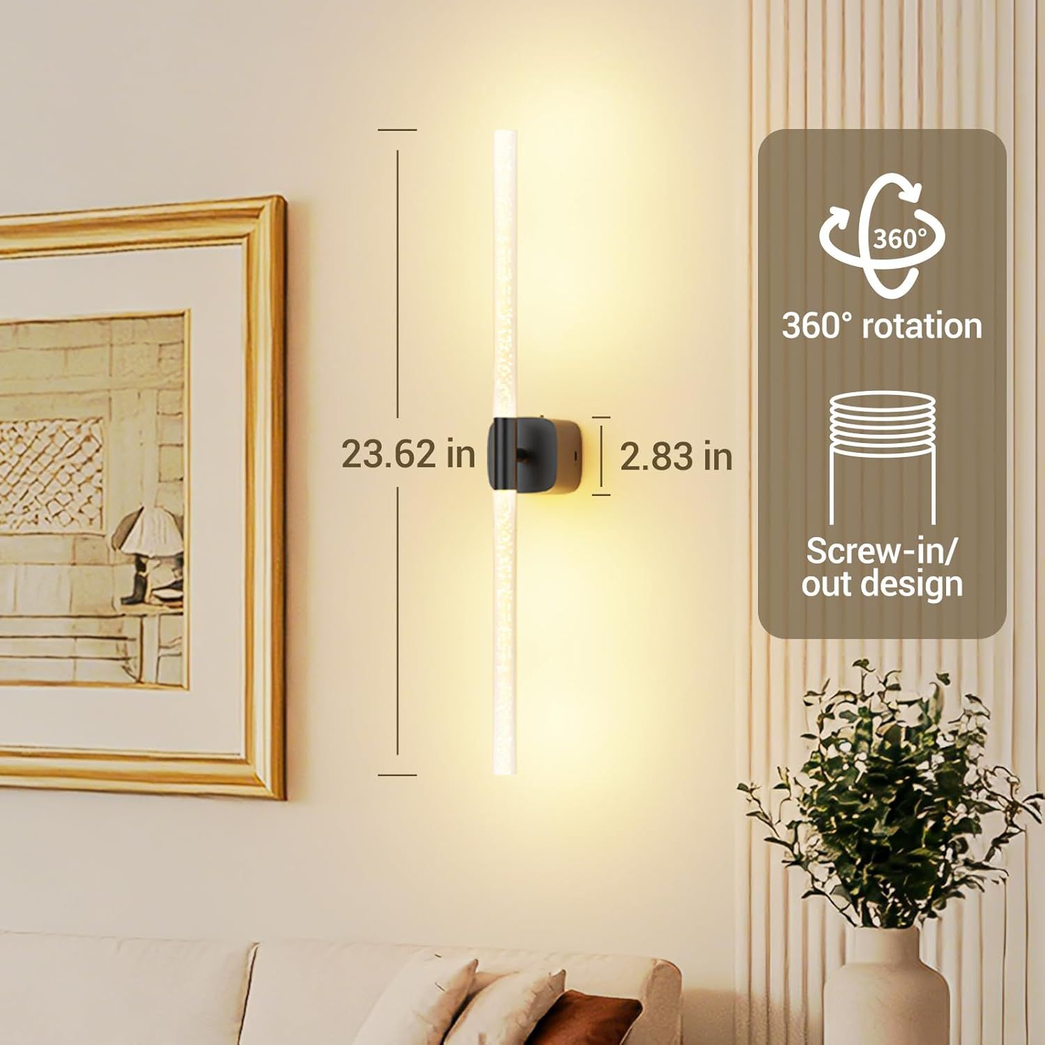 Rechargeable Battery Operated Wall Sconce Set of 2 with Remote and Touch, 23.62 Inch 360° Rotatable Wireless Wall Lights for Bedroom Living Room - Black