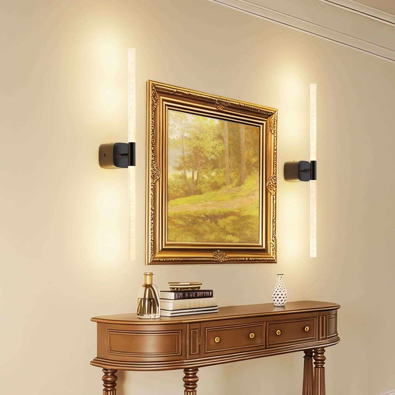 Rechargeable Battery Operated Wall Sconce Set of 2 with Remote and Touch, 23.62 Inch 360° Rotatable Wireless Wall Lights for Bedroom Living Room - Black