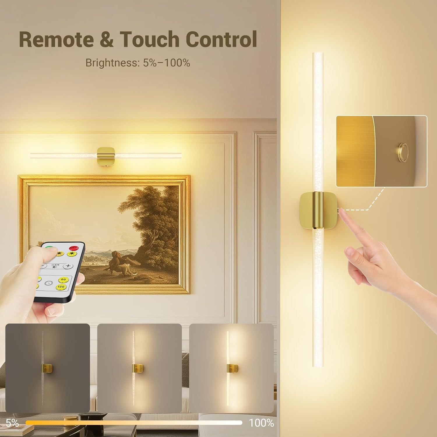 23.62 Inch Rechargeable Battery Operated Wall Sconce Set of 2 with Remote and Touch - Gold