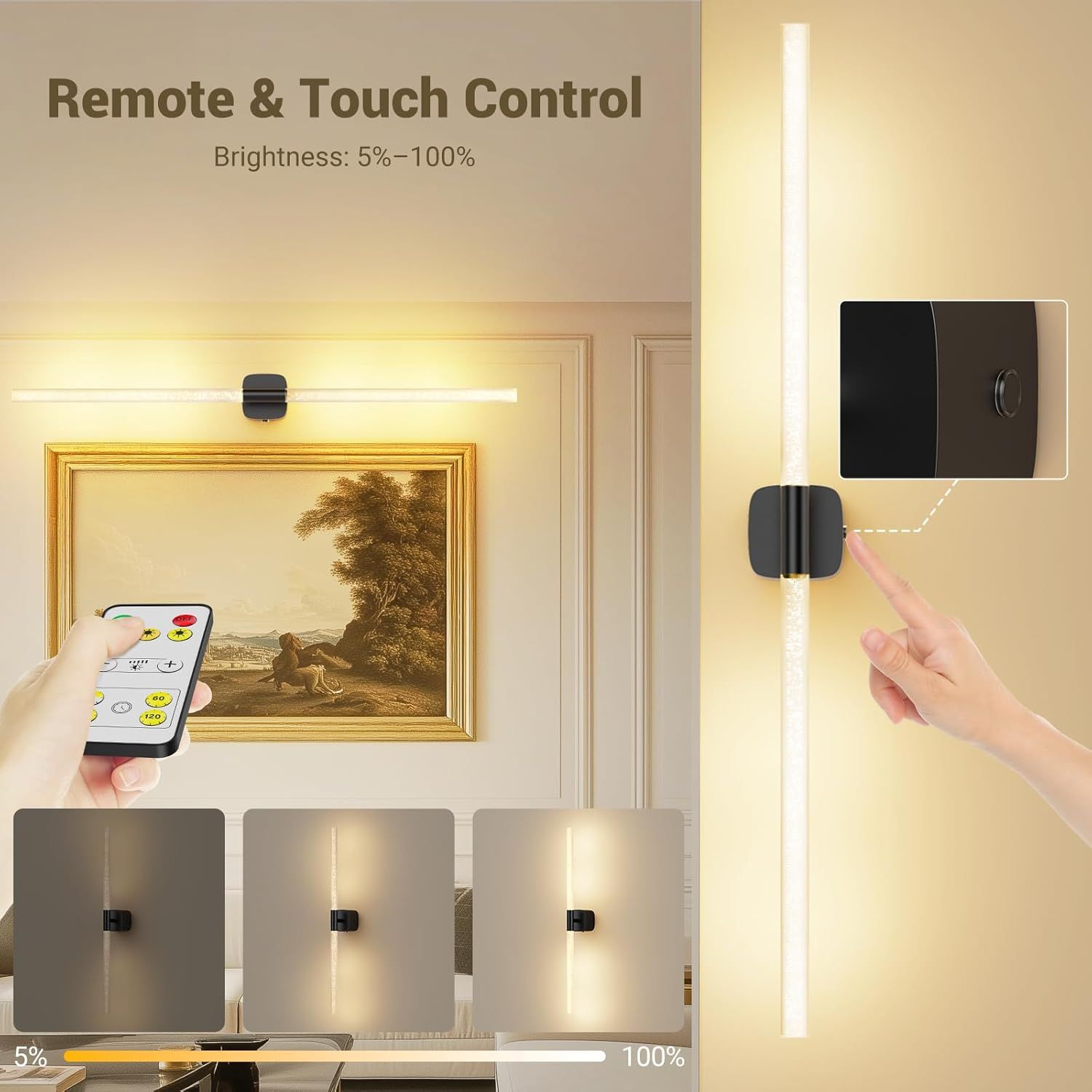 Rechargeable Battery Operated Wall Sconce Set of 2 with Remote and Touch, 31.49 Inch 360° Rotatable Wall Lights for Bedroom Living Room - Black