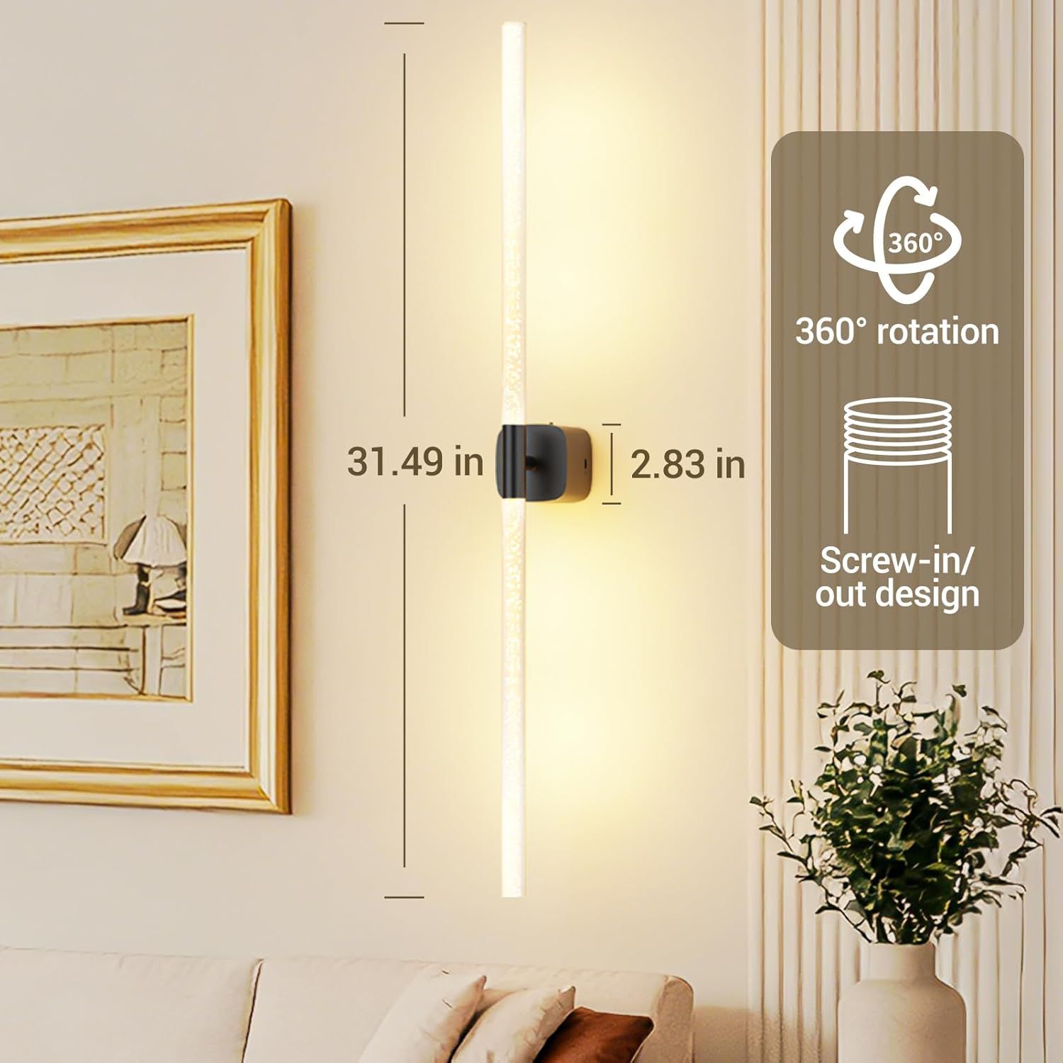 Rechargeable Battery Operated Wall Sconce Set of 2 with Remote and Touch, 31.49 Inch 360° Rotatable Wall Lights for Bedroom Living Room - Black