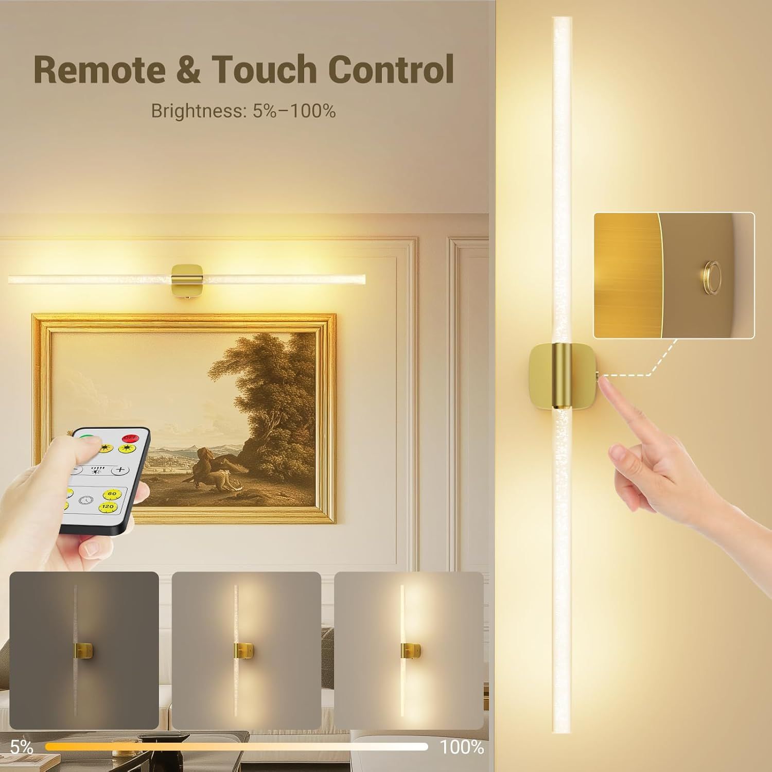 Battery Operated 31.49 Inch Rechargeable Wall Sconce Set of 2 with Remote and Touch, 360° Rotatable - Gold