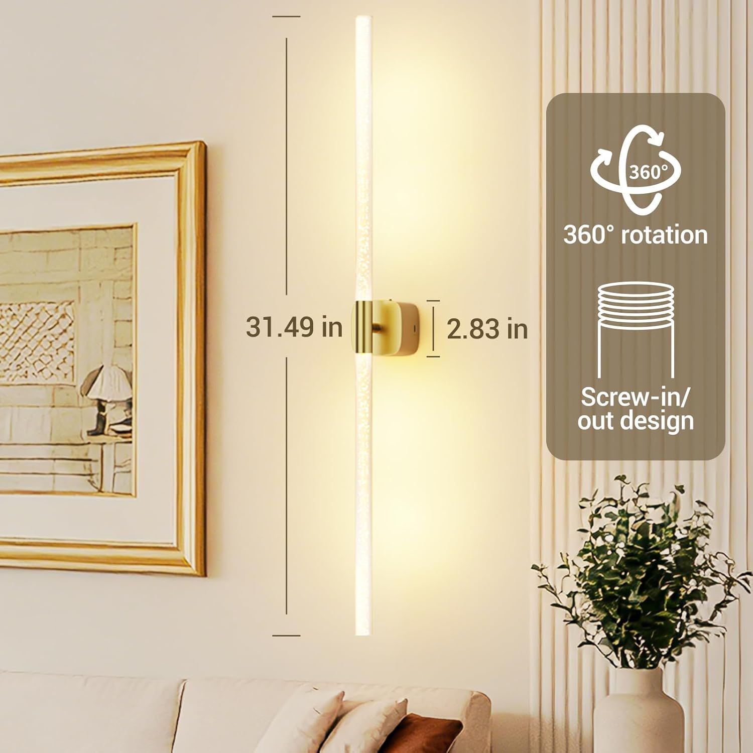Battery Operated 31.49 Inch Rechargeable Wall Sconce Set of 2 with Remote and Touch, 360° Rotatable - Gold