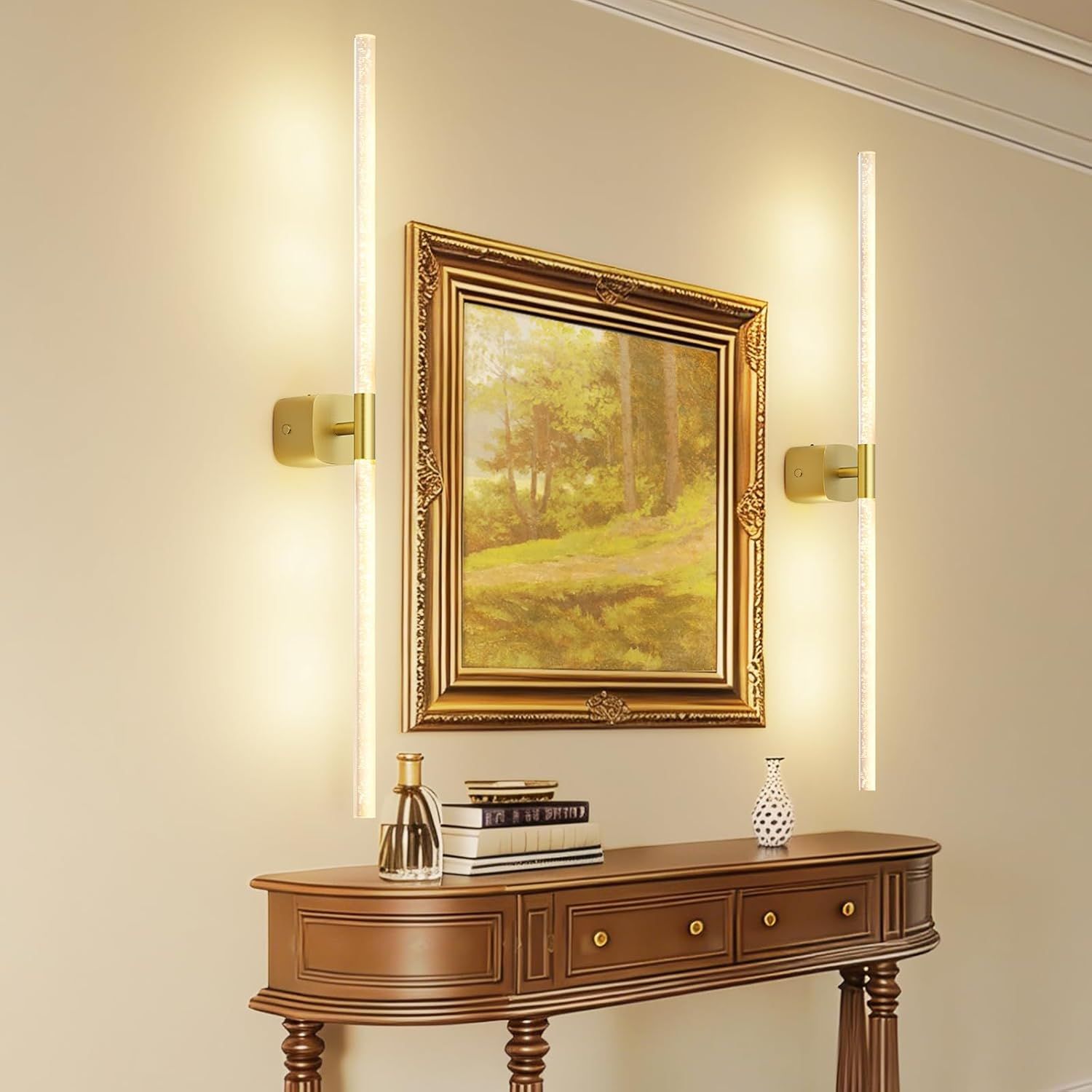 Battery Operated 31.49 Inch Rechargeable Wall Sconce Set of 2 with Remote and Touch, 360° Rotatable - Gold
