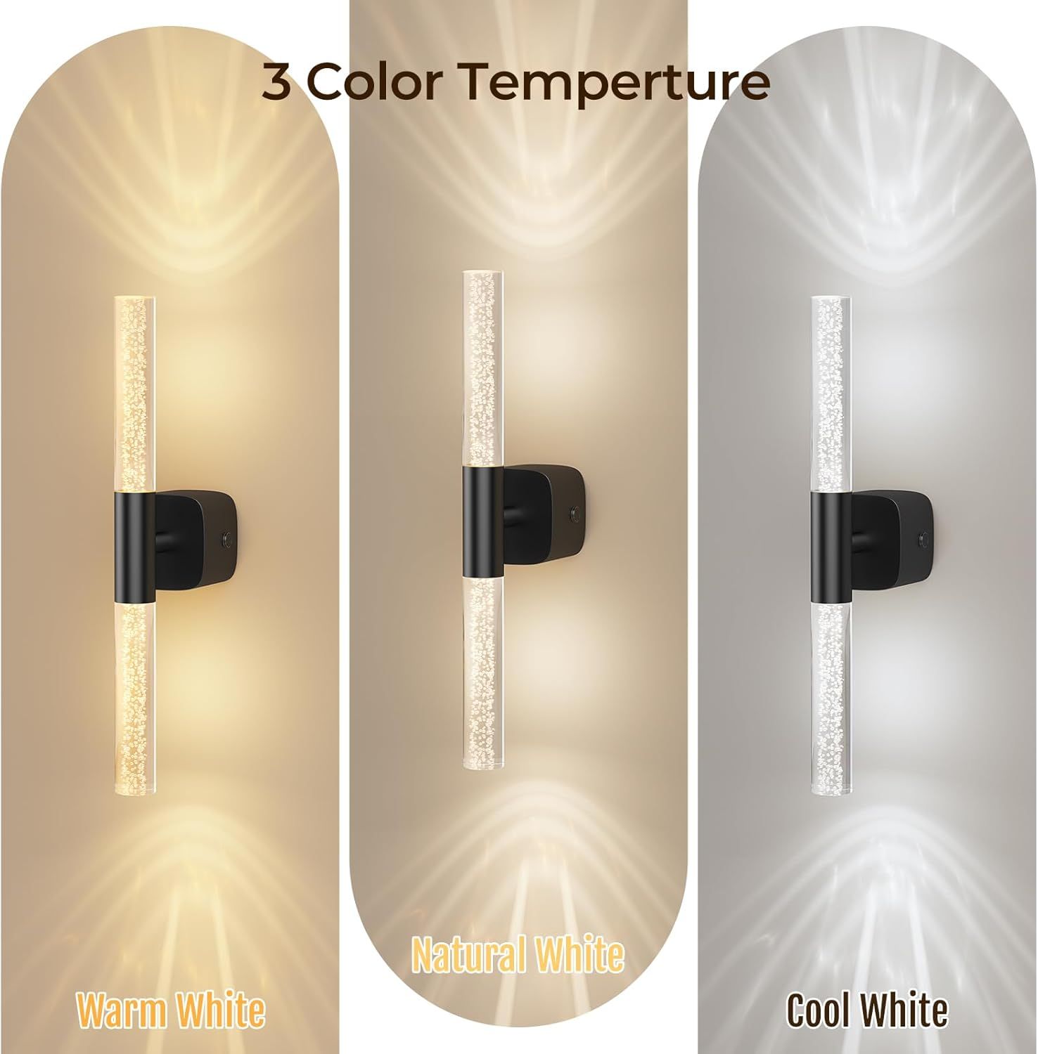 Rechargeable Battery Operated Crystal Wall Sconce Set of 2 16" Dimmable CCT 350° Rotate with Remote - Black