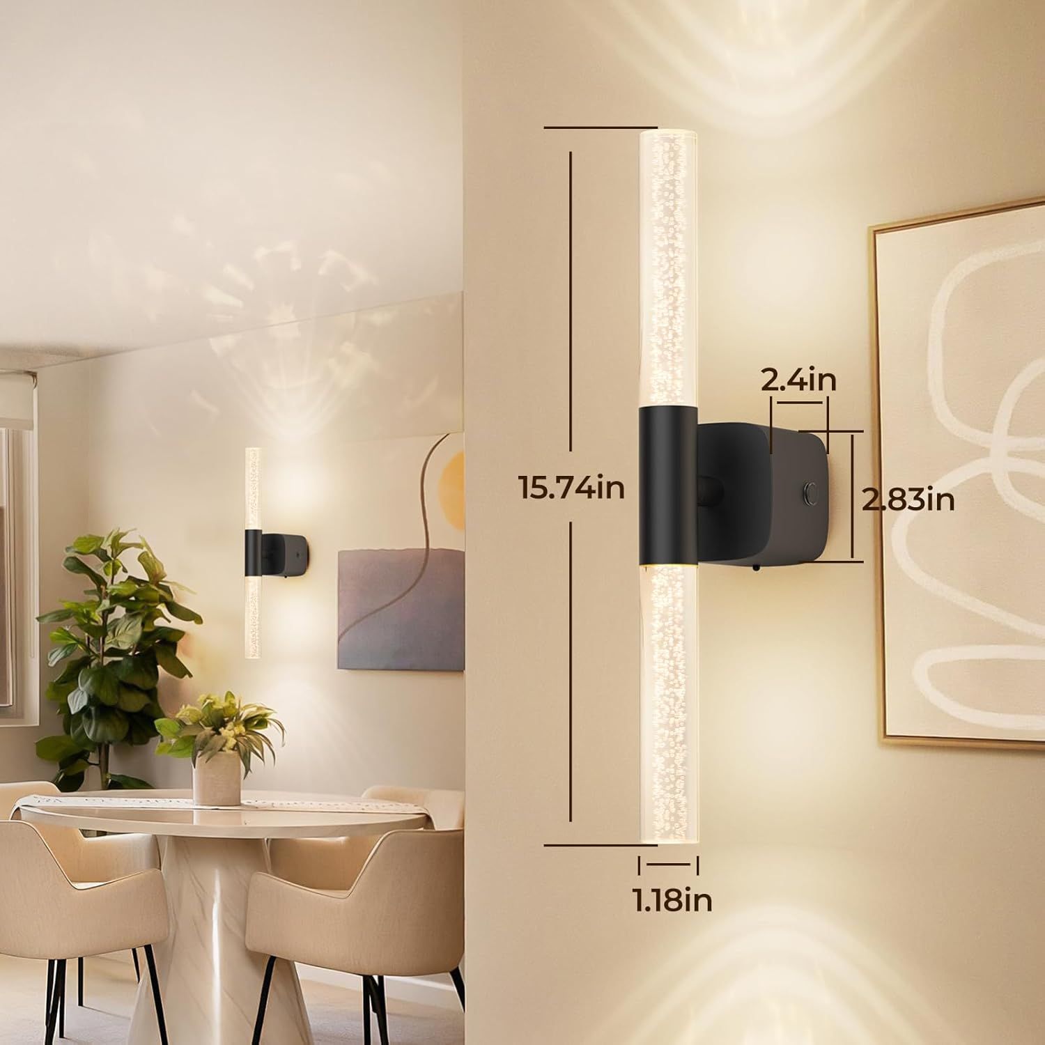 Rechargeable Battery Operated Crystal Wall Sconce Set of 2 16" Dimmable CCT 350° Rotate with Remote - Black