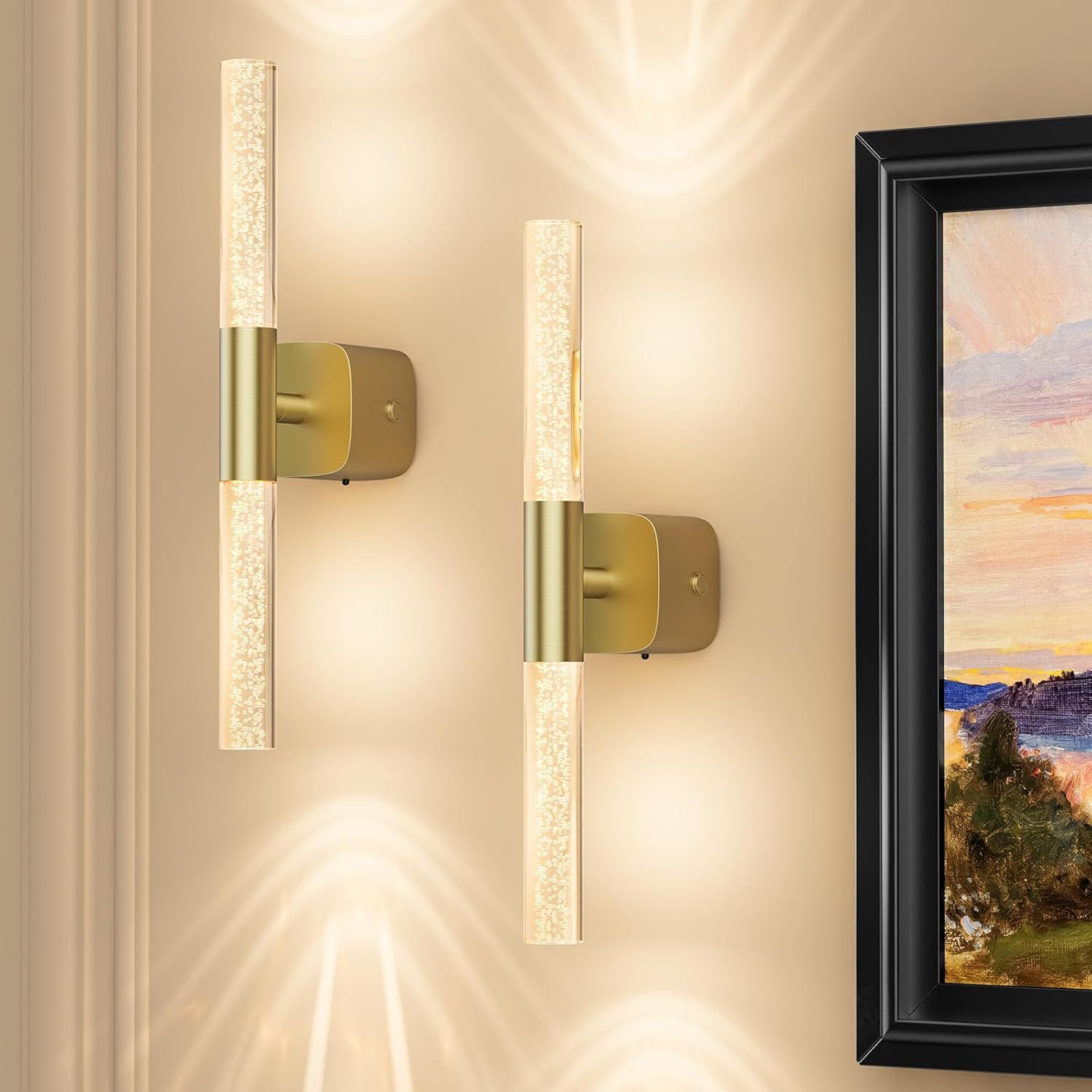 Rechargeable Battery Operated Wall Sconce Set of 2 with 12000mAh Wireless Dimmable LED Lights, 16" - Brushed Gold
