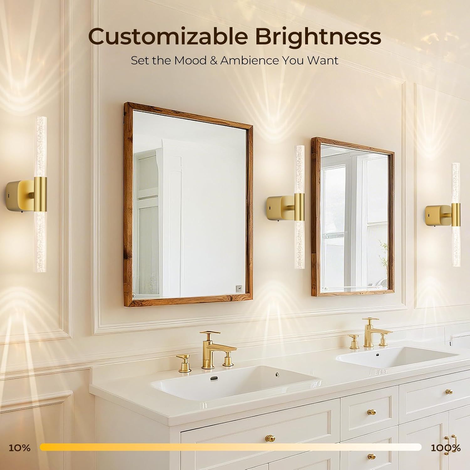 Rechargeable Battery Operated Wall Sconce Set of 2 with 12000mAh Wireless Dimmable LED Lights, 16" - Brushed Gold