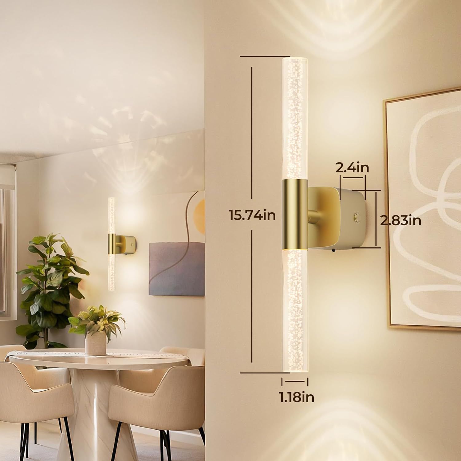 Rechargeable Battery Operated Wall Sconce Set of 2 with 12000mAh Wireless Dimmable LED Lights, 16" - Brushed Gold
