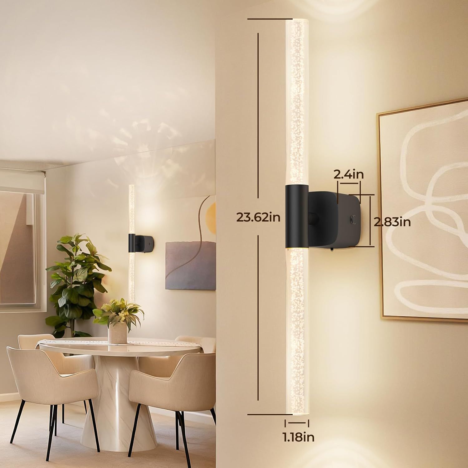 Rechargeable Battery Operated Wall Sconce Set of 2 with Remote Dimmable 350° Rotate - Black