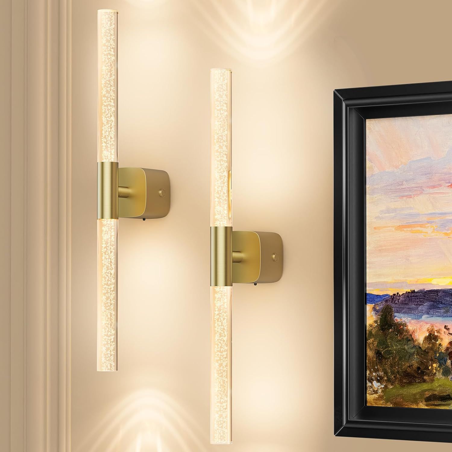 Battery Operated Rechargeable Wall Sconce Set of 2 24" Crystal Acrylic 350° Rotate Dimmable CCT Wireless Remote - Brushed Gold