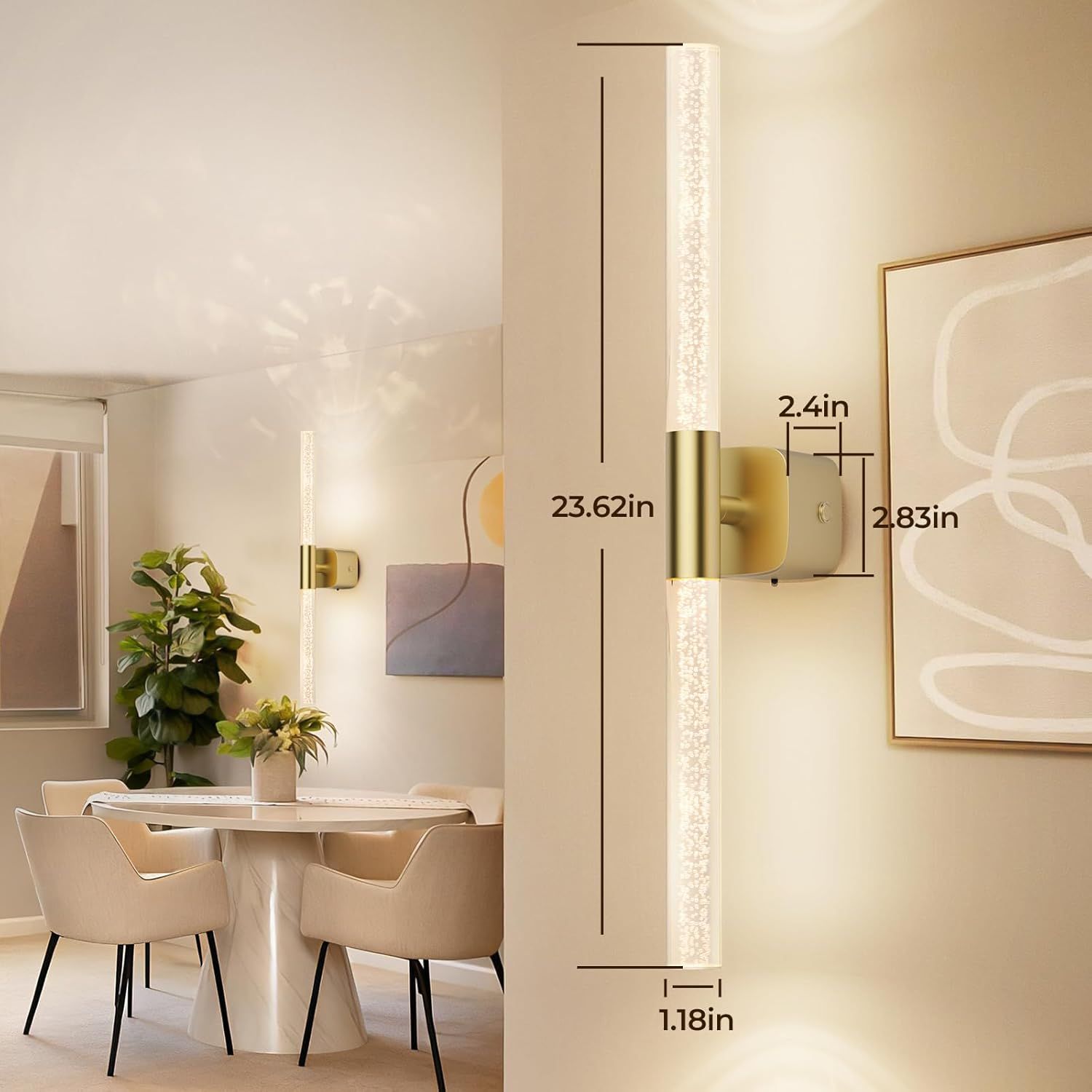 Battery Operated Rechargeable Wall Sconce Set of 2 24" Crystal Acrylic 350° Rotate Dimmable CCT Wireless Remote - Brushed Gold