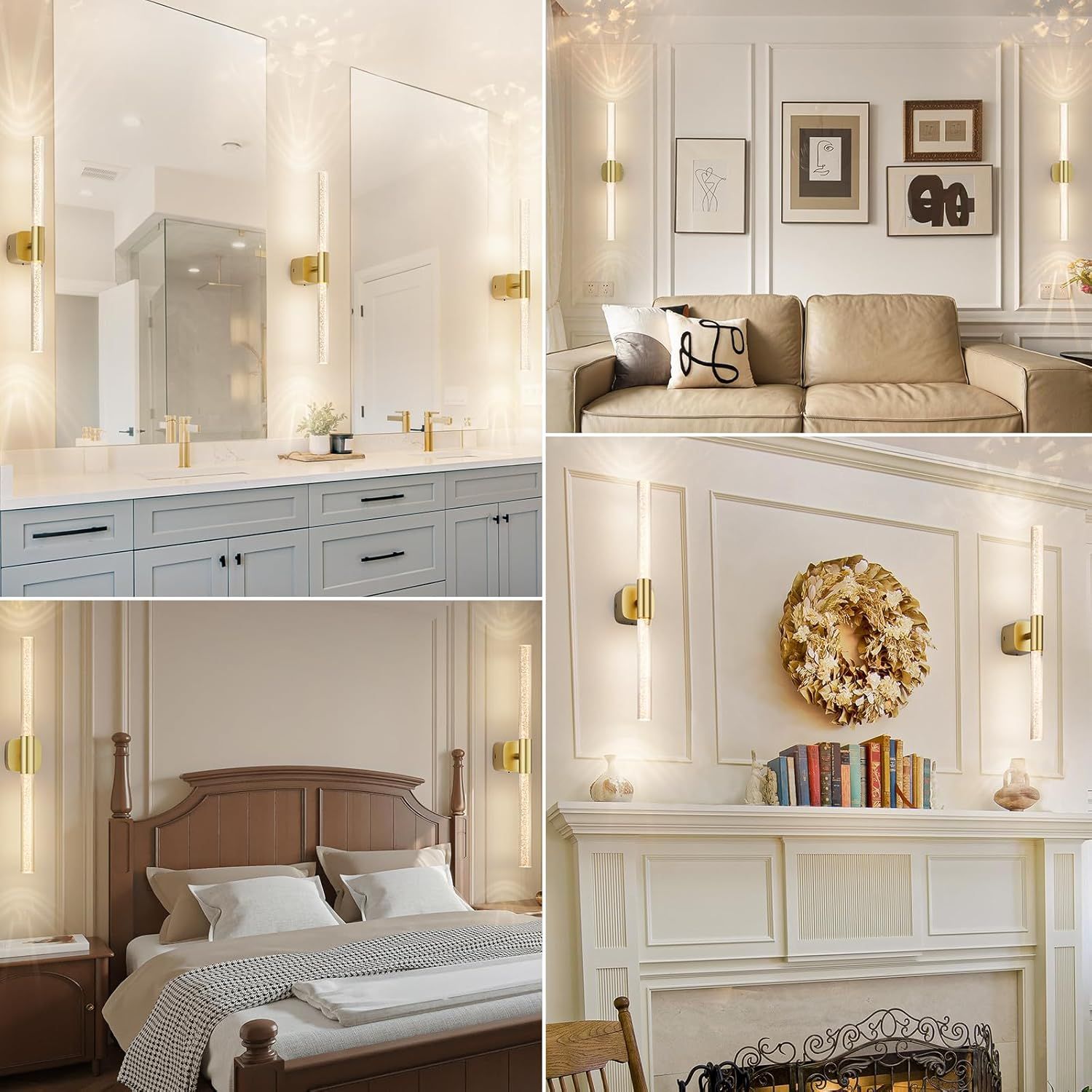 Battery Operated Rechargeable Wall Sconce Set of 2 24" Crystal Acrylic 350° Rotate Dimmable CCT Wireless Remote - Brushed Gold