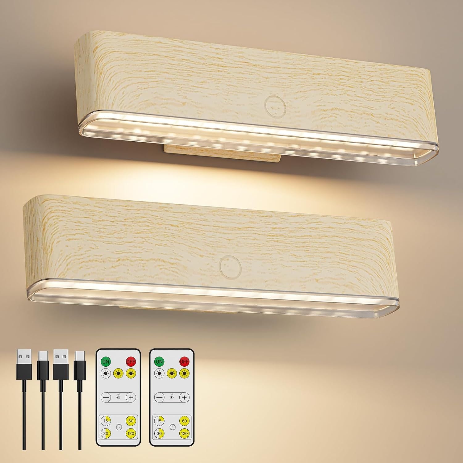 Magnetic Wireless Rechargeable LED Wall Sconce Set of 2 with Remote & Touch Control, 3-Color Temperature, 360° Rotatable - Beech
