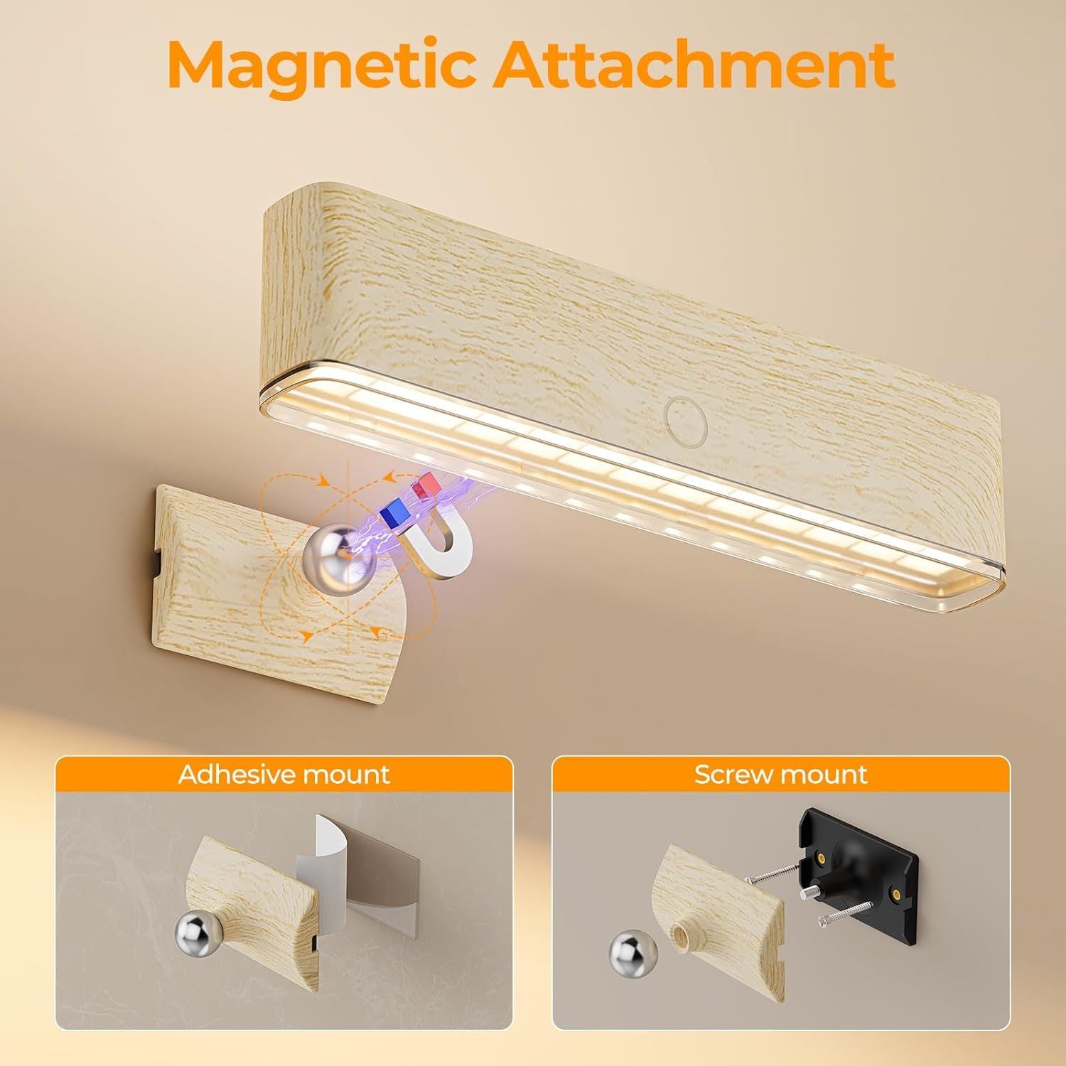 Magnetic Wireless Rechargeable LED Wall Sconce Set of 2 with Remote & Touch Control, 3-Color Temperature, 360° Rotatable - Beech
