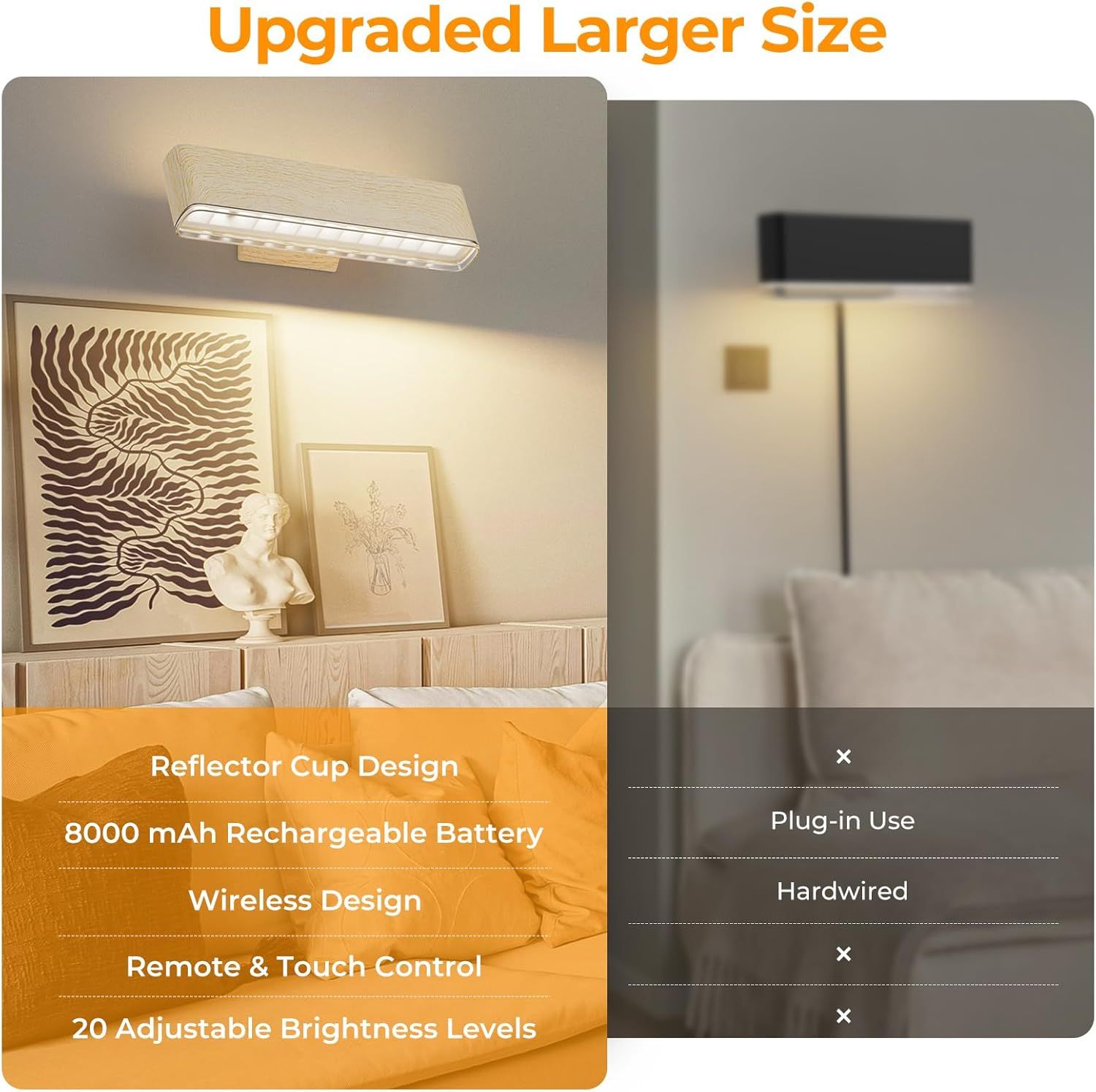 Magnetic Wireless Rechargeable LED Wall Sconce Set of 2 with Remote & Touch Control, 3-Color Temperature, 360° Rotatable - Beech